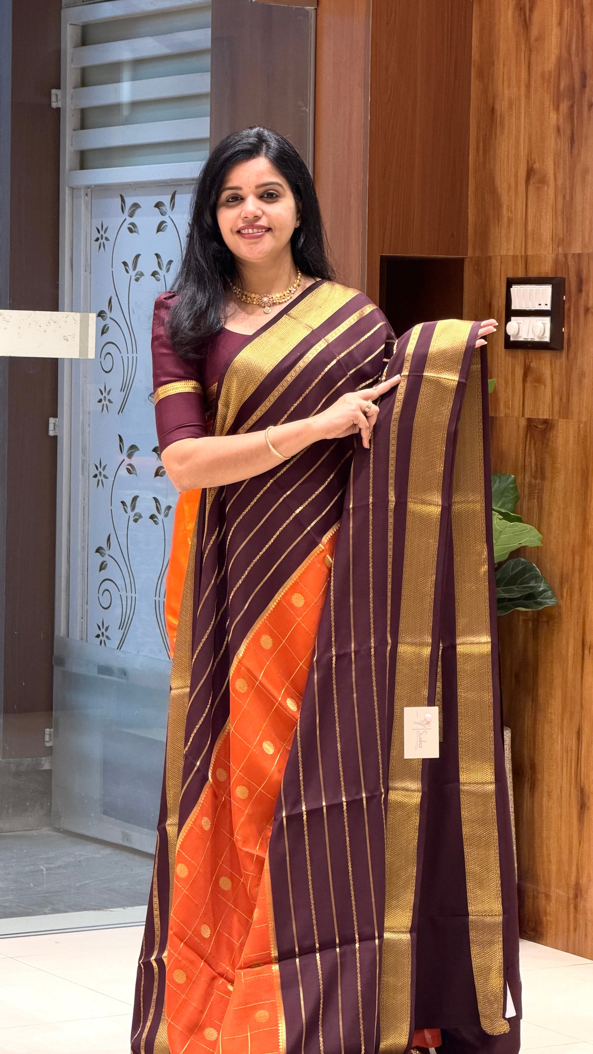 PURE MYSORE CREPE PSUV237-ORANGE WITH COFFEEBROWN