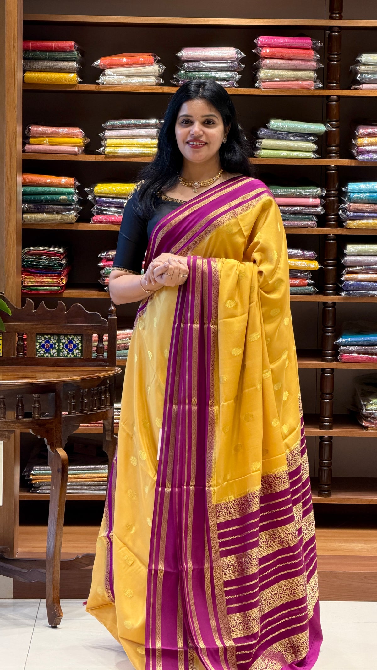 PURE MYSORE CREPE SAREE  PSH90-MUSTARD WITH MAGENTA