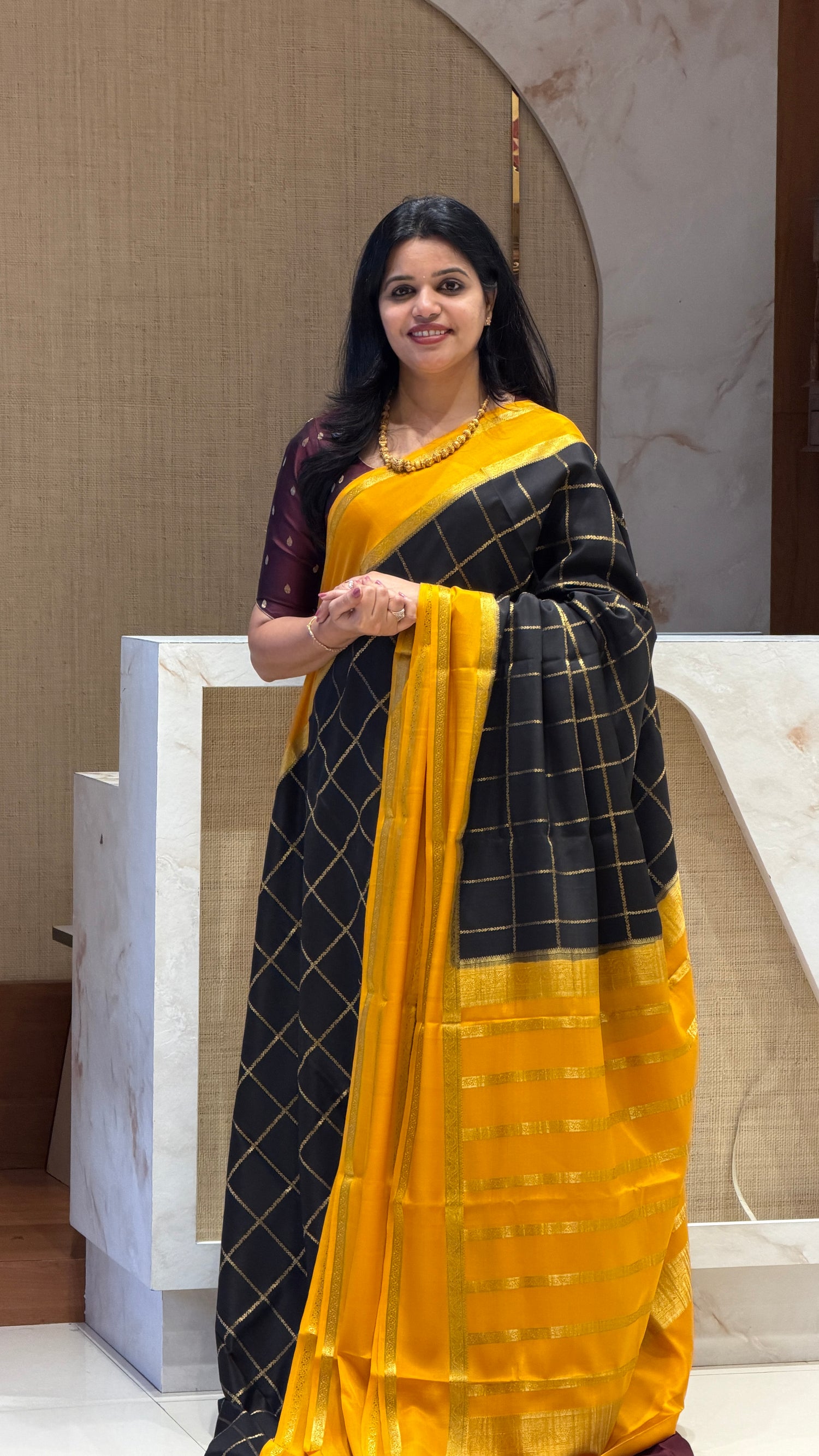 PSUV263-BLACK WITH MUSTARD PURE MYSORE CREPE
