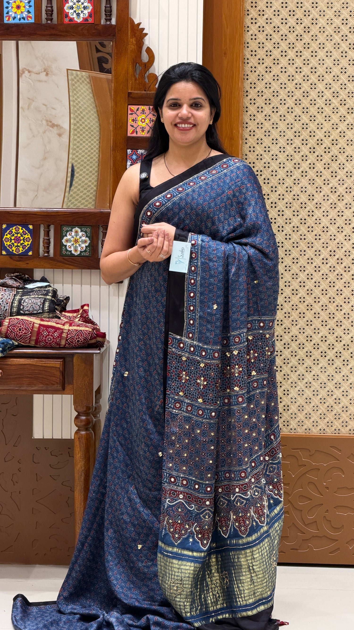 SUV4476-BLUE (AJRAK HAND WORK SAREE) Pure modal silk