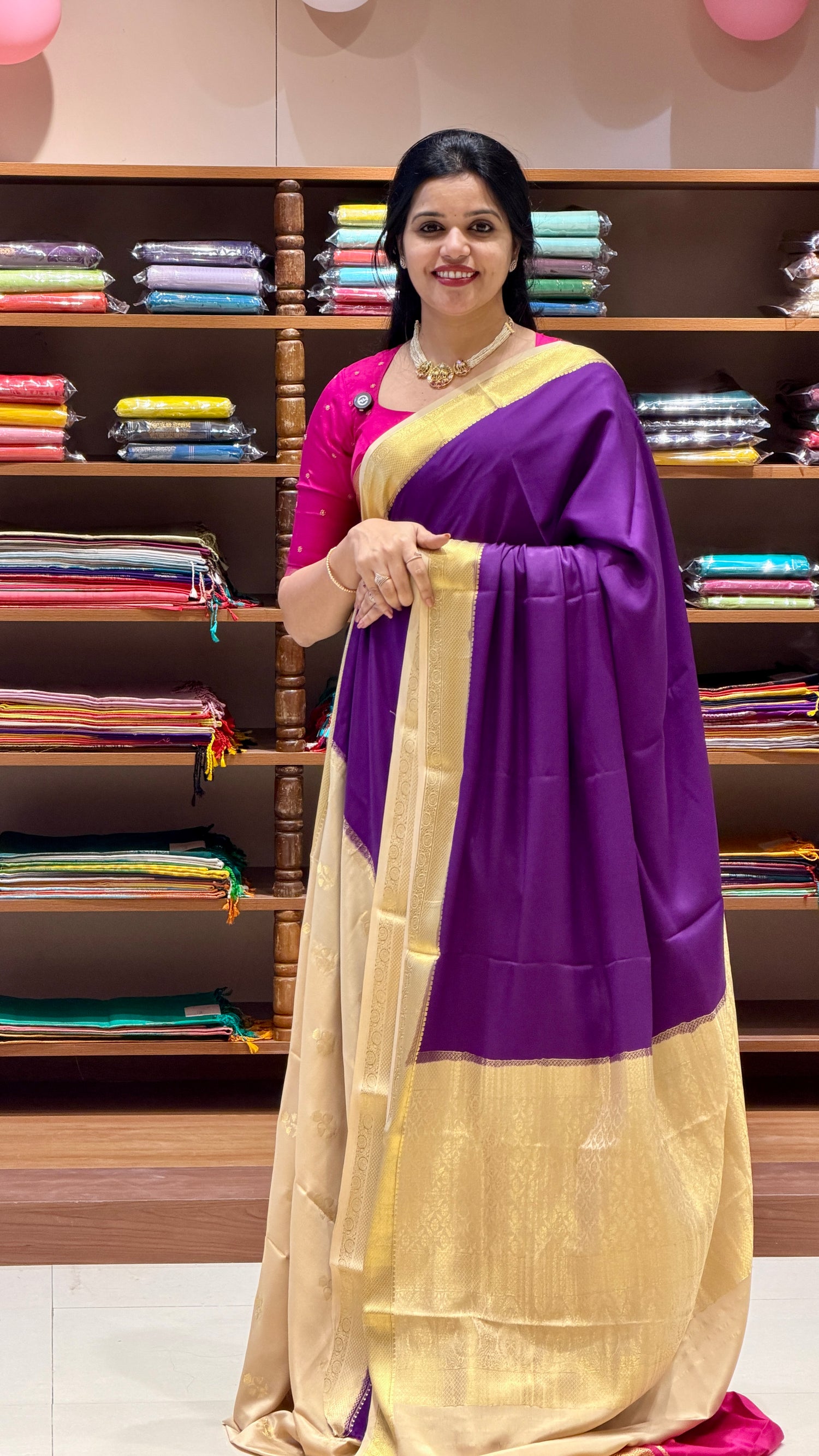 PURE MYSORE SILK SAREE  PSH86-CHIKKU WITH PURPLE