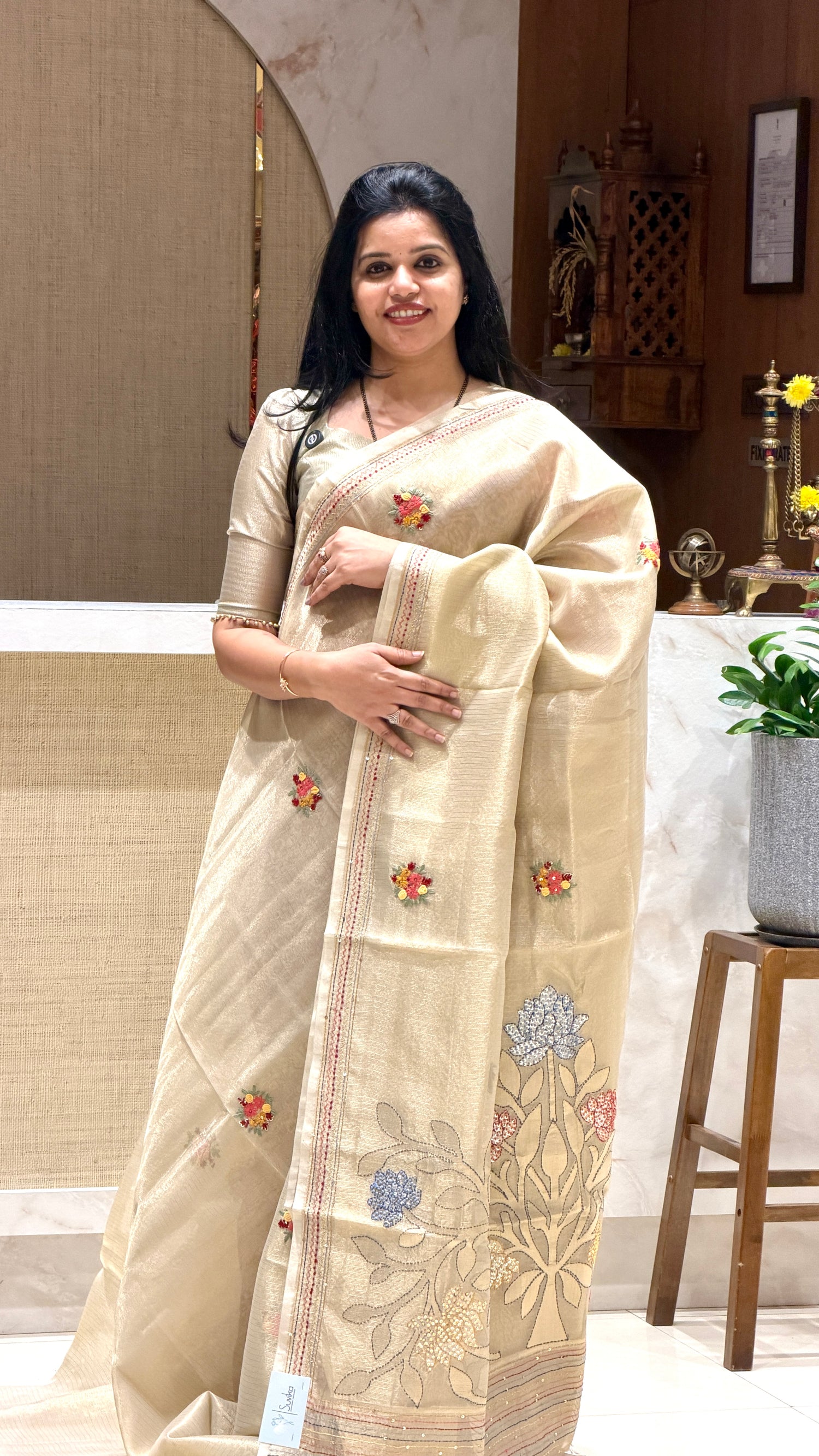 SUV3834-CHICKU WITH MUSTARD Designer tissue saree