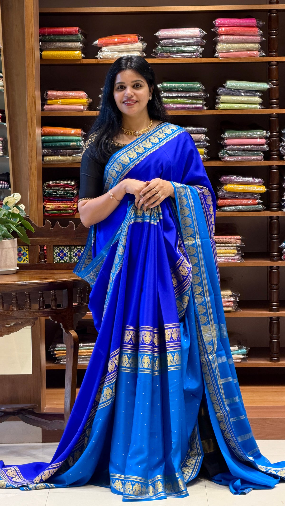 PURE MYSORE CREPE SAREE PSH77-BLUE WITH ROYALBLUE
