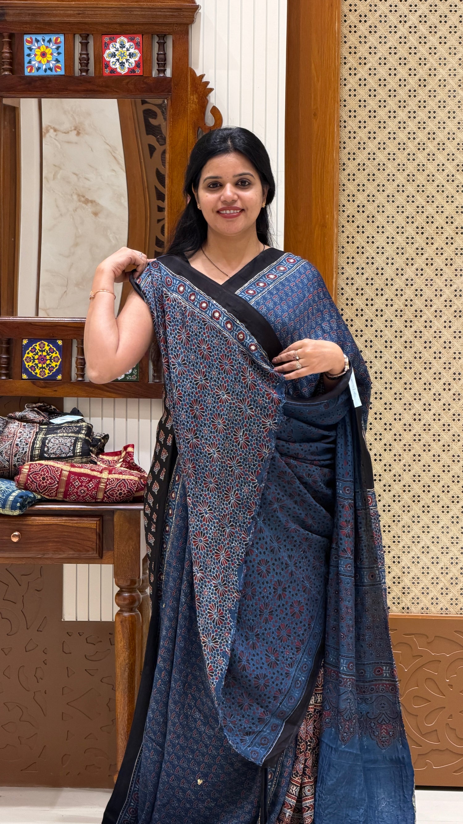 SUV4476-BLUE (AJRAK HAND WORK SAREE) Pure modal silk