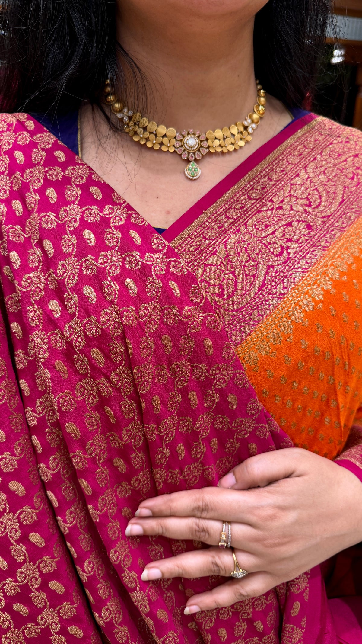 PURE BANARASI CREPE PSUV240-ORANGE WITH PINK