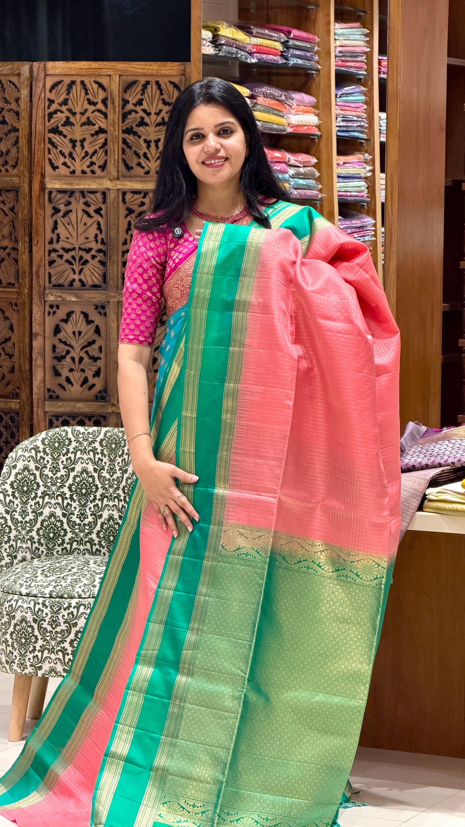 PURE KANCHI SOFT SILK PSM20-PEACH WITH GREEN