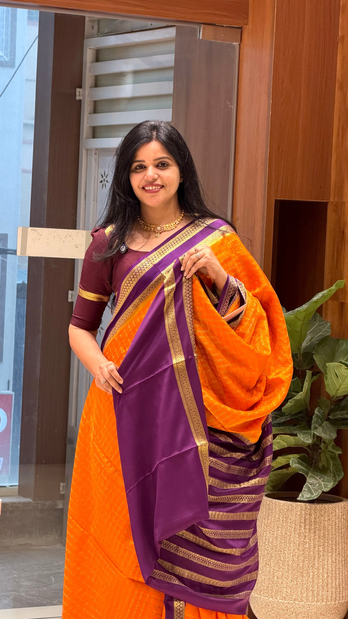 PURE MYSORE CREPE PSUV254-ORANGE WITH PURPLE