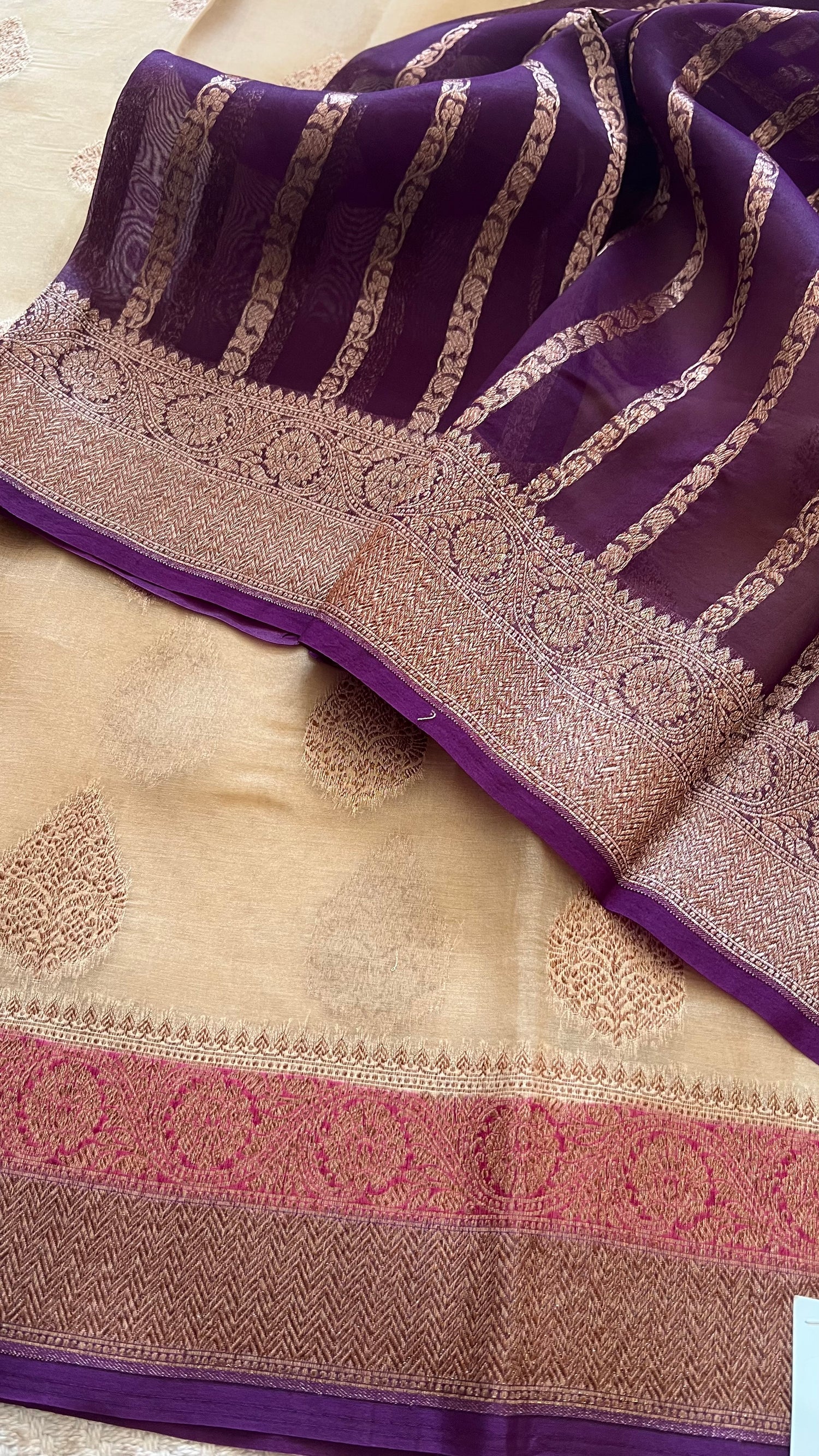 PSUV102-CHIKKU WITH WINE PURE KORA SILK SAREE