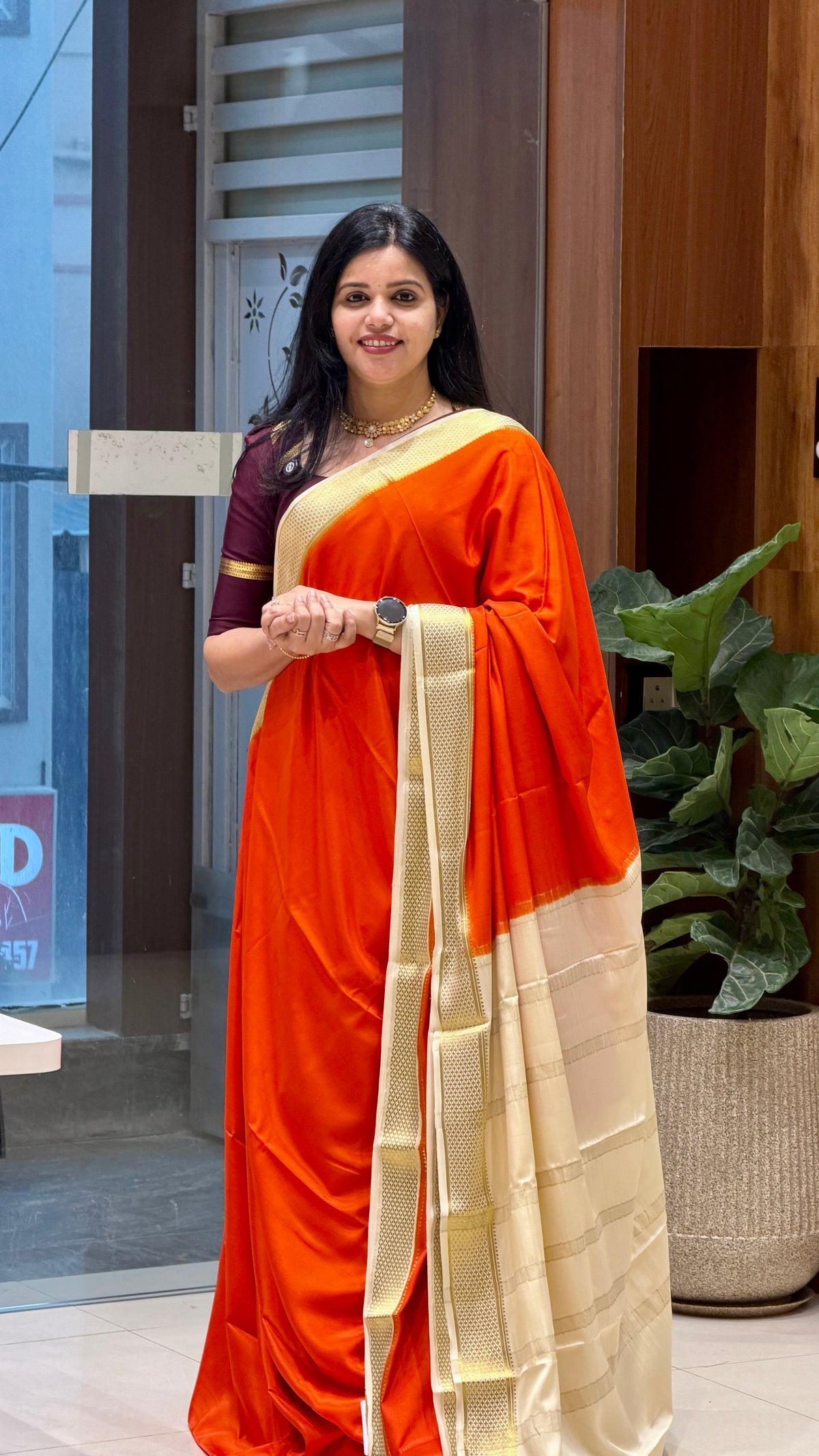 PURE MYSORE CREPE PSUV274-ORANGE WITH OFFWHITE