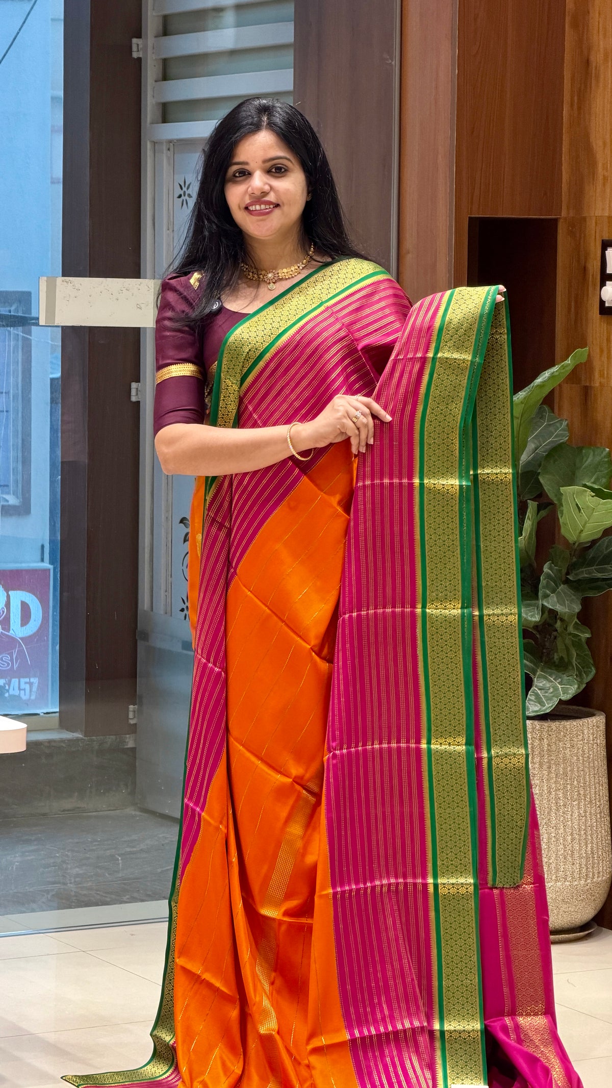PURE MYSORE SILK SAREE PSUV24 -ORANGE WITH PINK & GREEN 3D