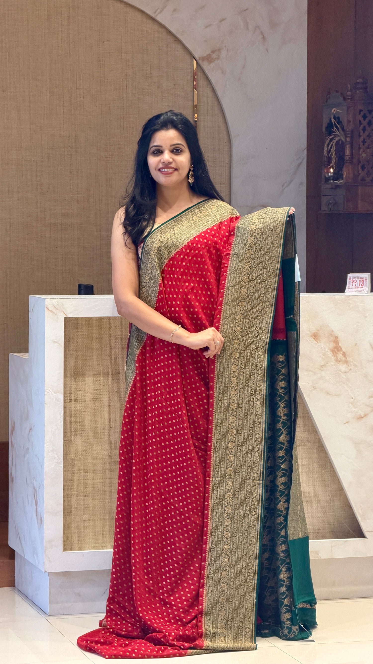 PSUV228-RED WITH BOTTLEGREEN PURE BANARASI CREPE SILK SAREE