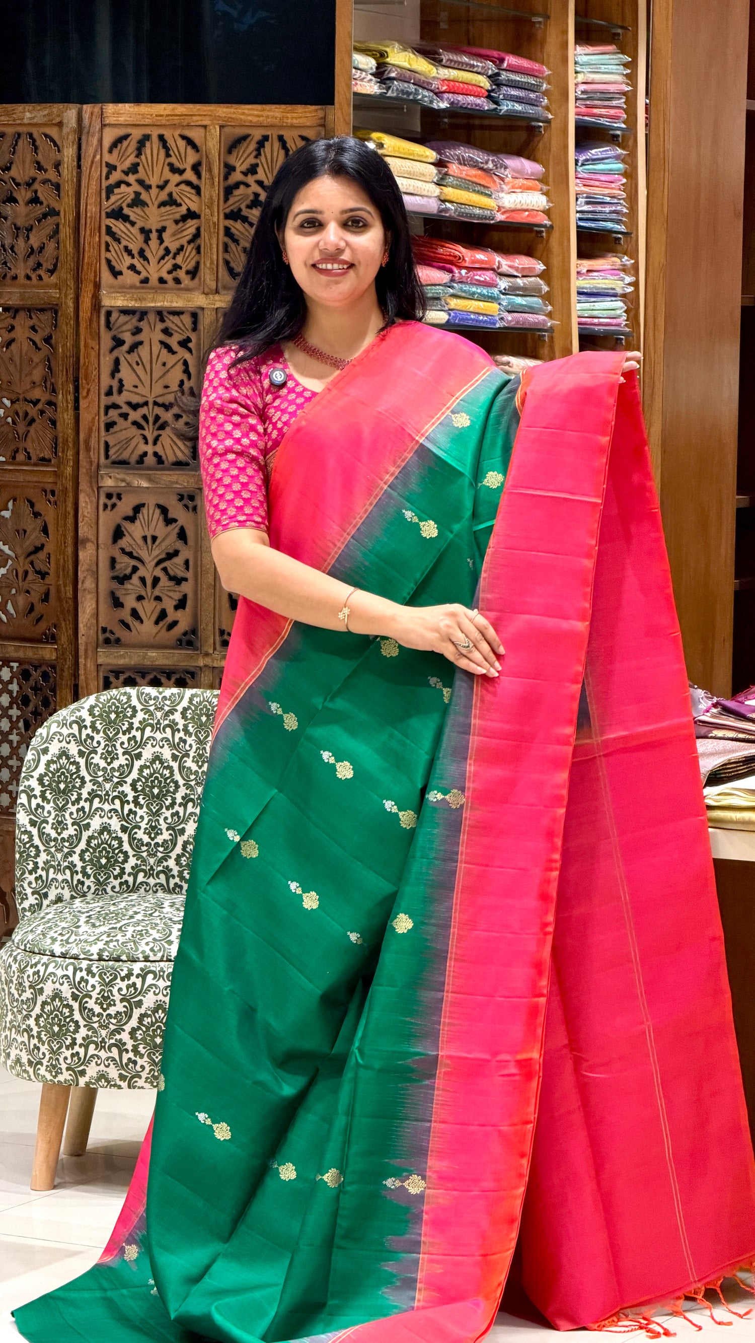PURE KANCHI SOFT SILK PSM21-BOTTLEGREEN WITH ORANGE
