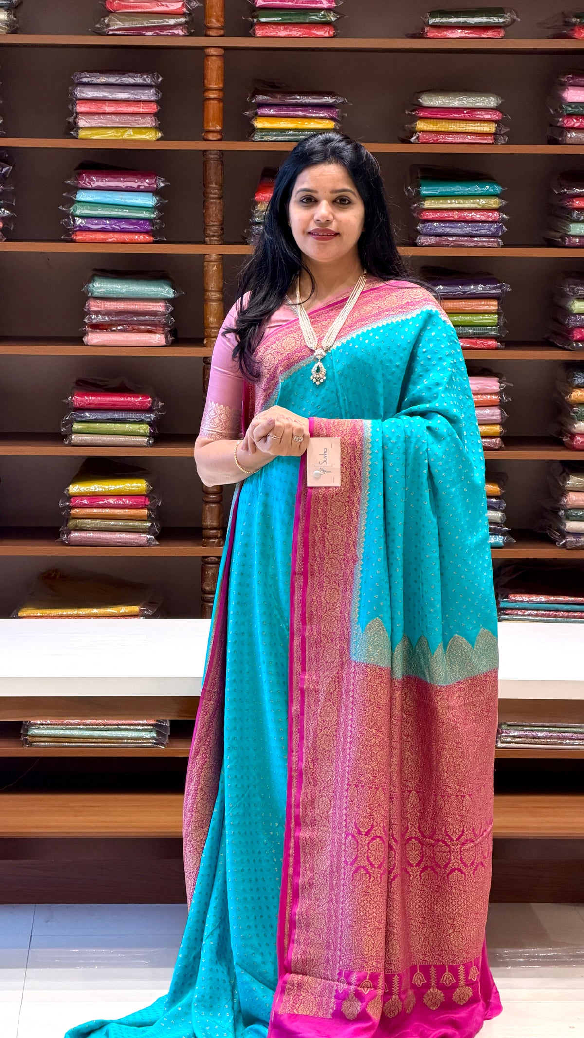 PURE BANARASI CREPE SAREE PSB42-SKYBLUE WITH PINK