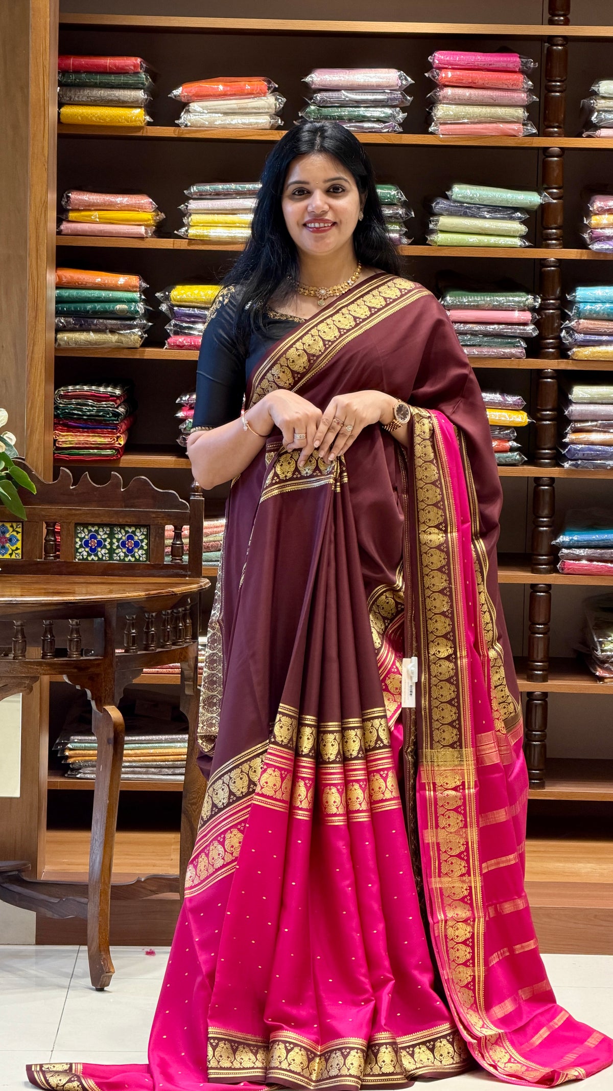 PURE MYSORE CREPE SAREE PSH77-PINK WITH BROWN