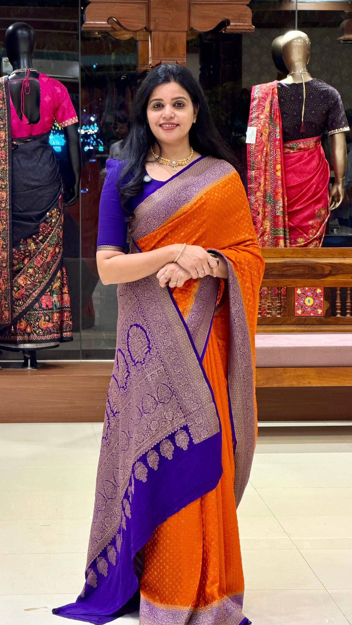 PURE BANARASI CREPE PSB40-ORANGE WITH PURPLE