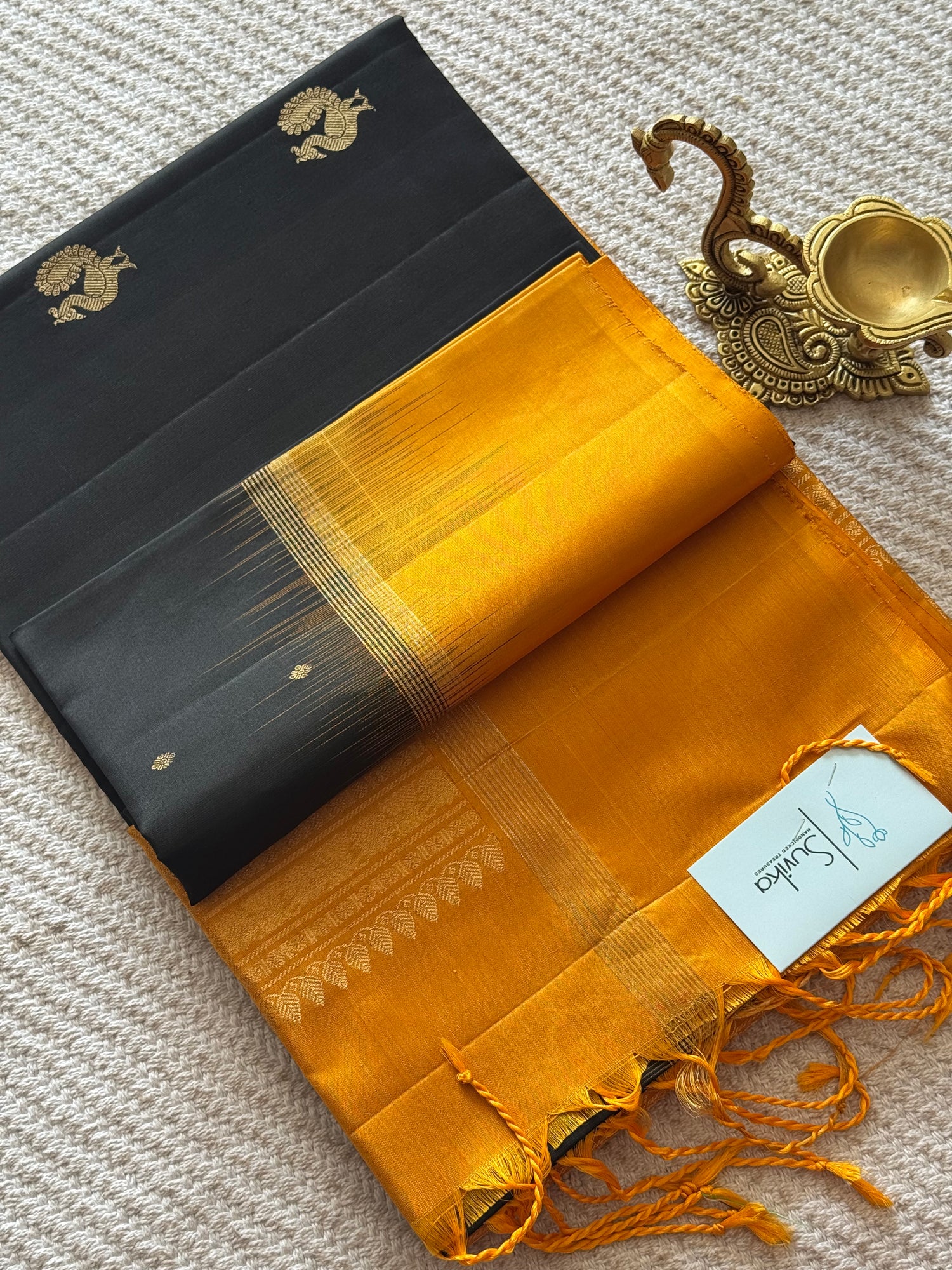 PSUV123 - BLACK WITH MUSTARD PURE SOFT SILK SAREE