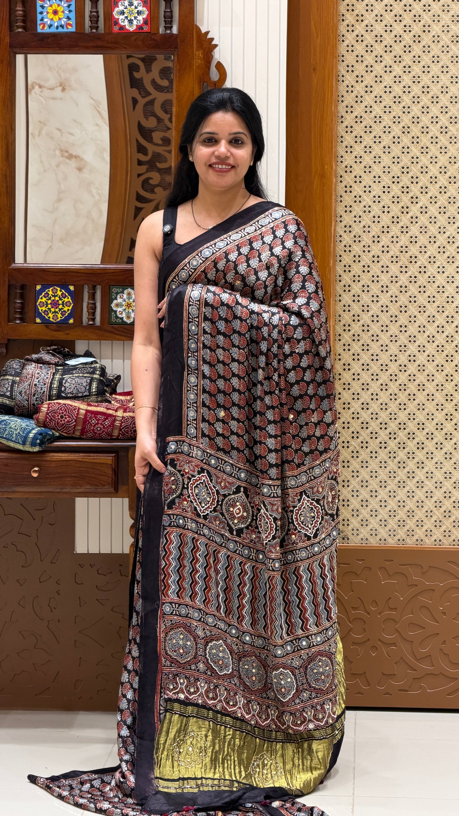 SUV4474-BLACK (AJRAK HAND WORK SAREE) Pure modal silk