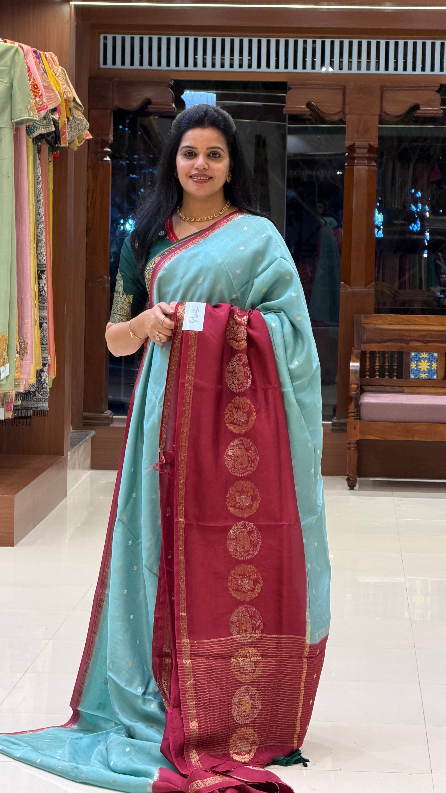 CREPE SILK SAREE SUV5389-SEAGREEN WITH PINK