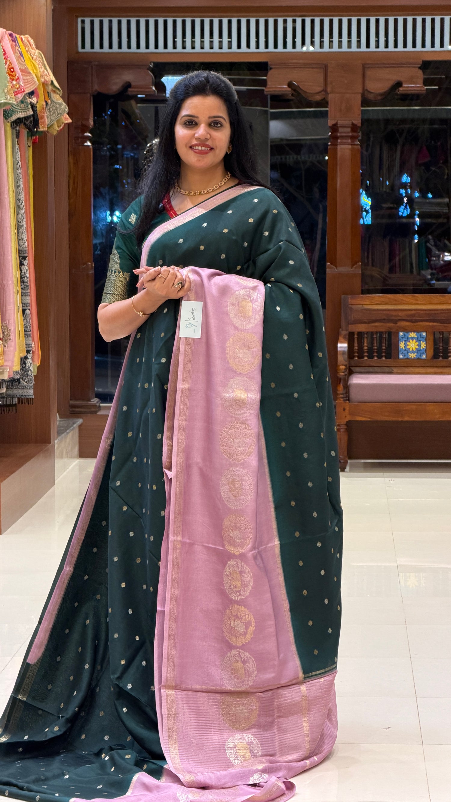 CREPE SILK SAREE SUV5389-BOTTLEGREEN WITH LAVENDER