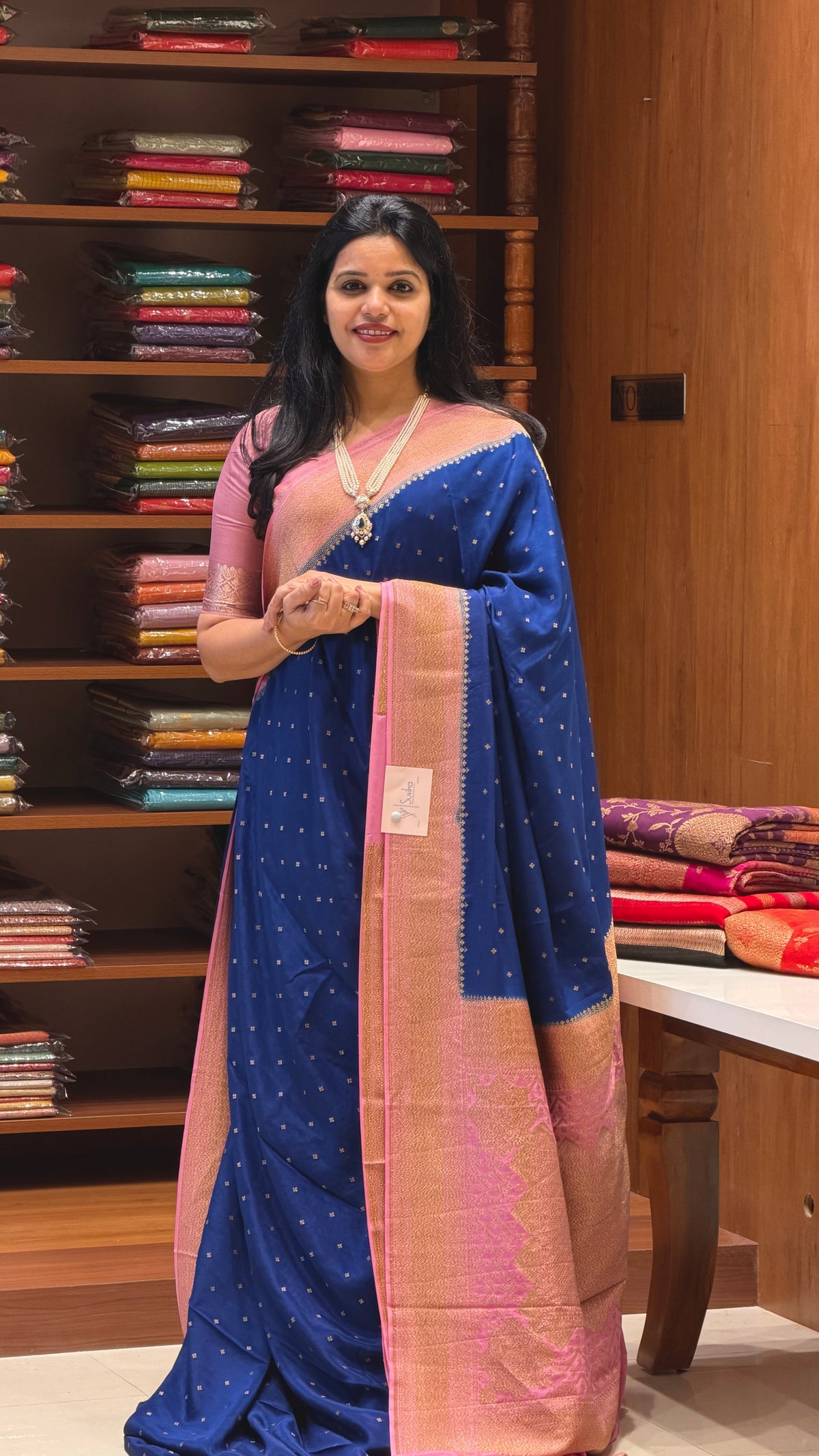 PURE CREPE SILK SAREE PSM58-SAPHIREBLUE WITH PINK