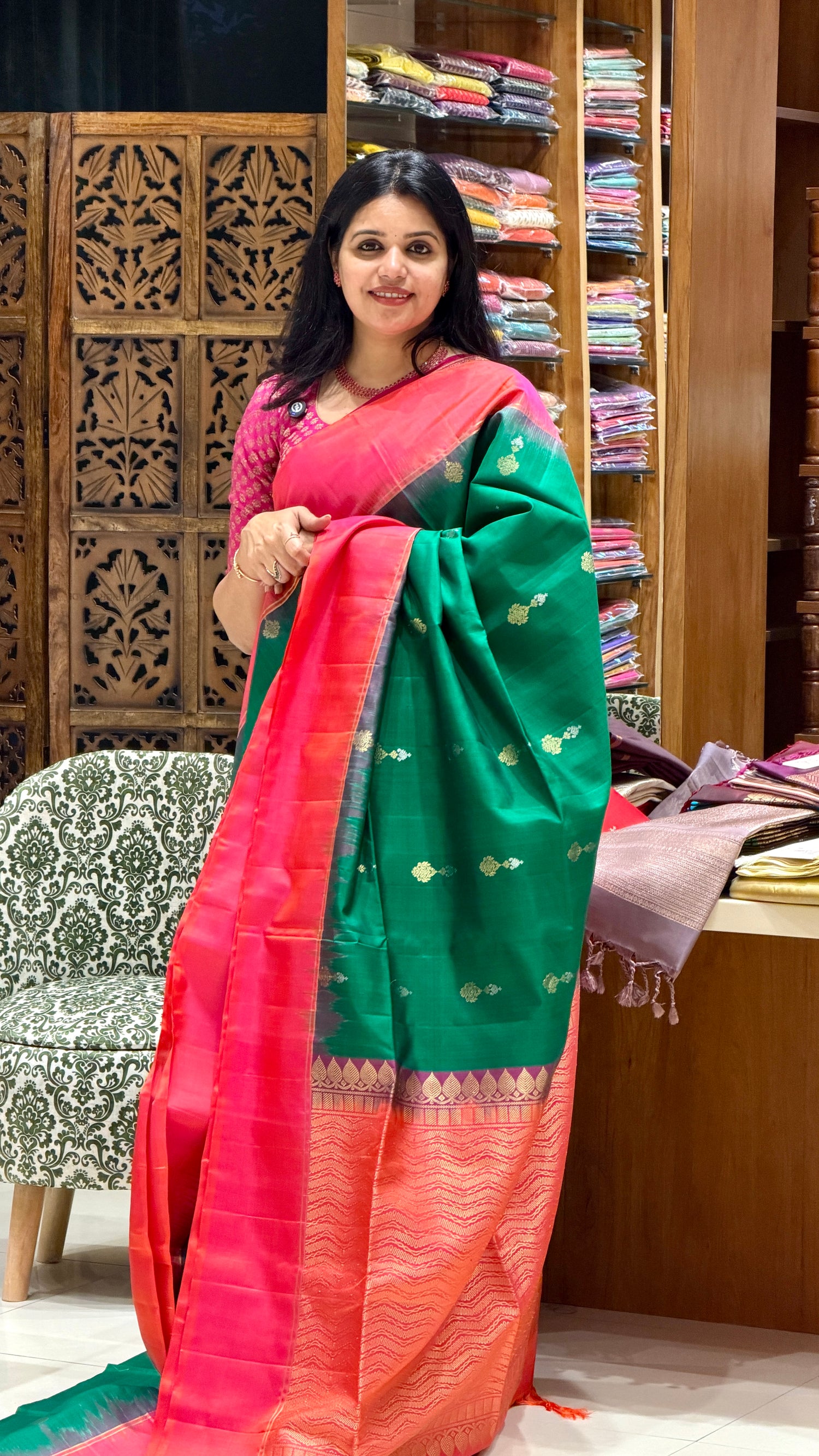 PURE KANCHI SOFT SILK PSM21-BOTTLEGREEN WITH ORANGE