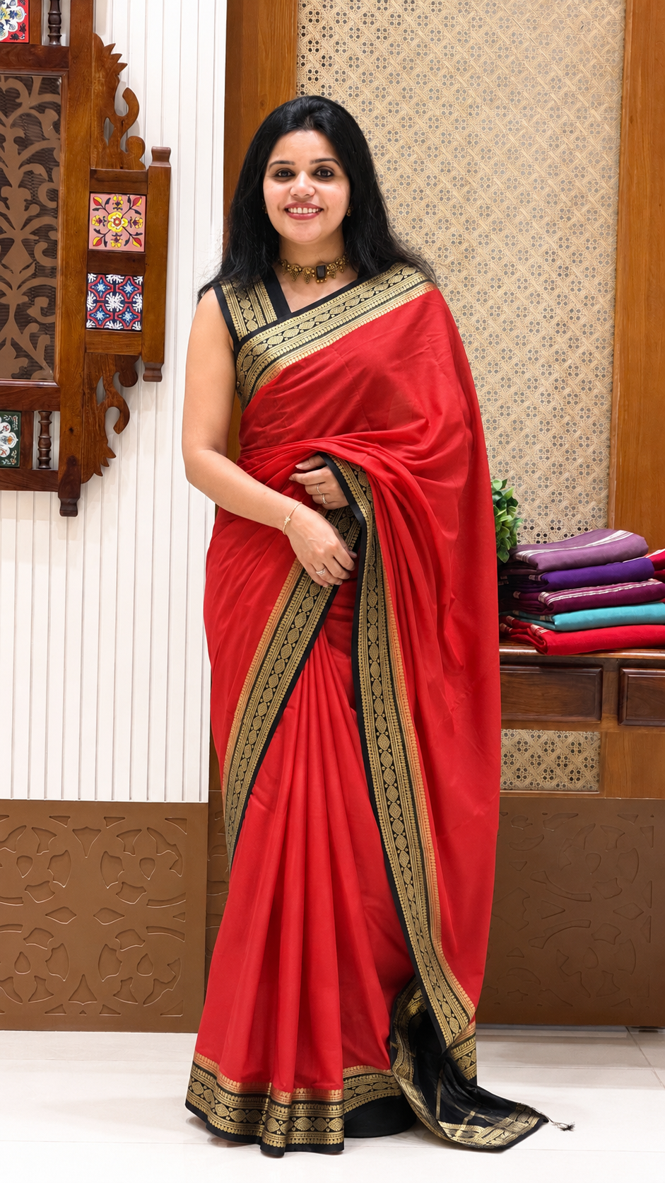 SEMI MYSORE SILK SUV5130-RED WITH BLACK