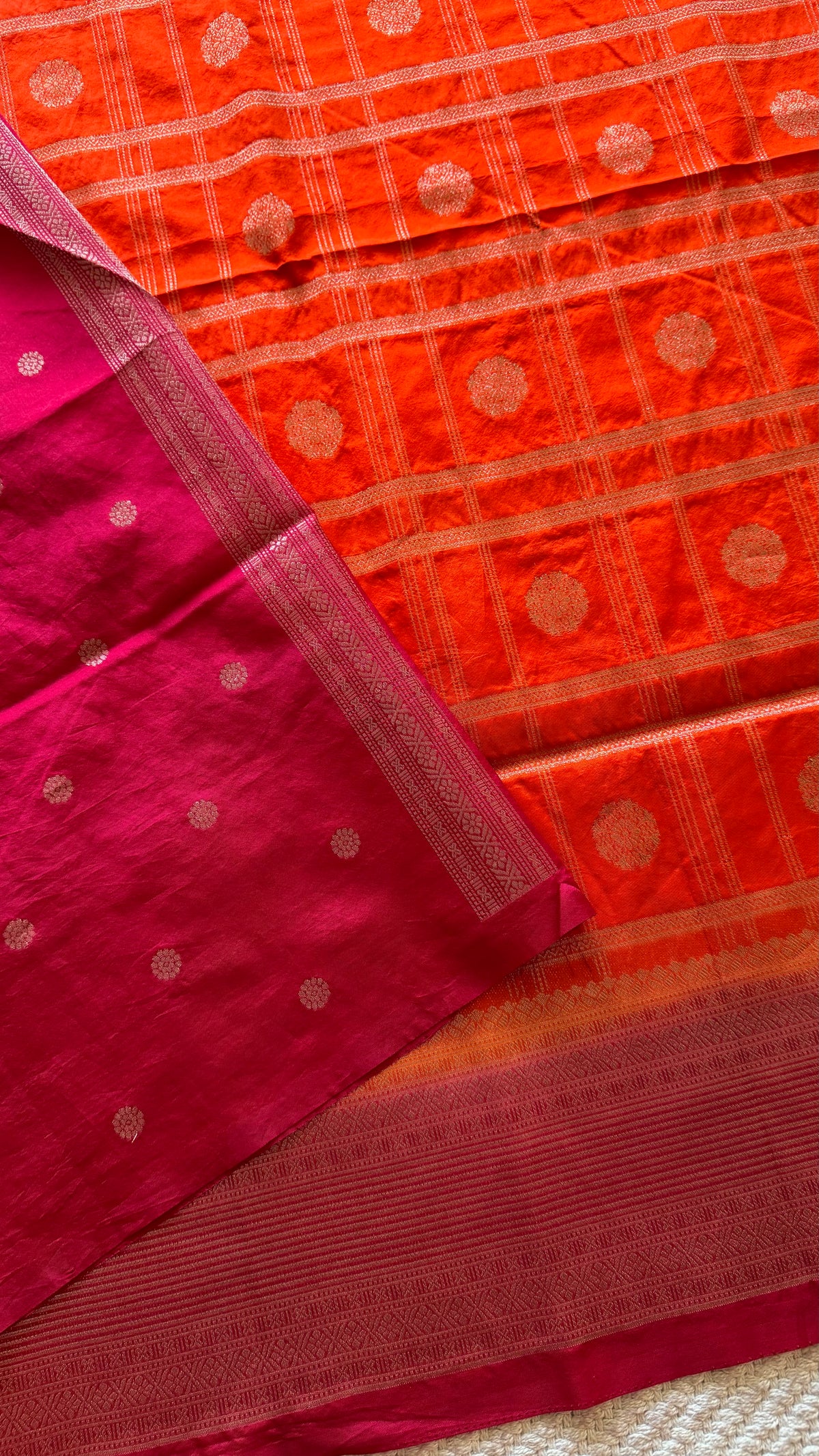 Crepe tusser silk saree SUV5893-ORANGE WITH PINK