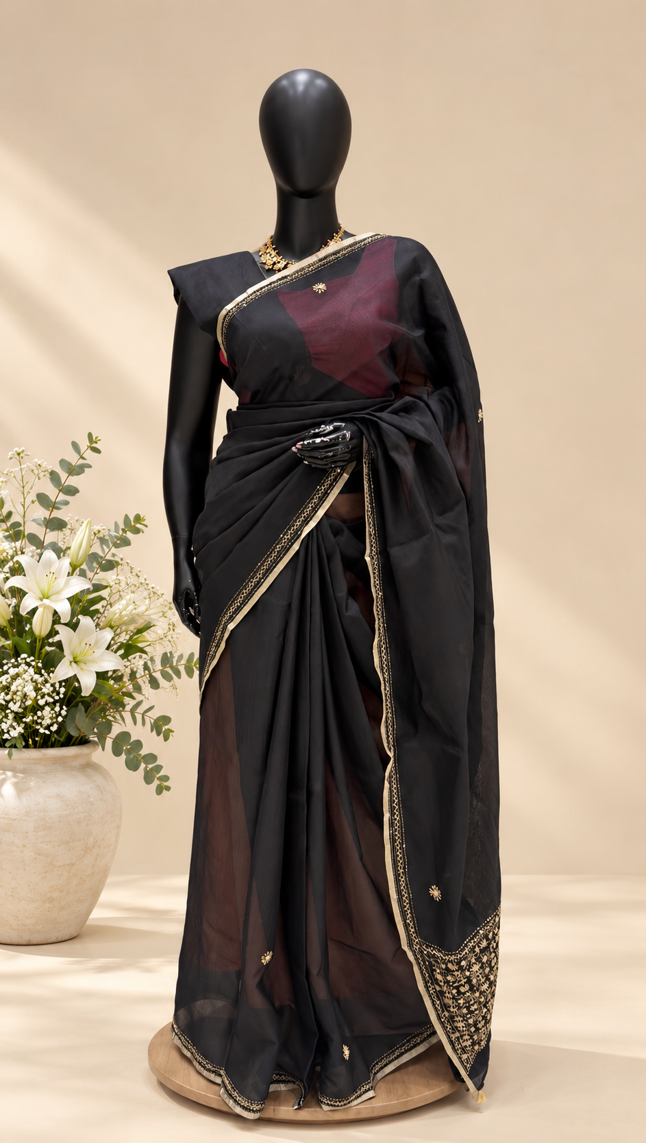 ORGANZA SAREE SUV4329-BLACK WITH BEIGE