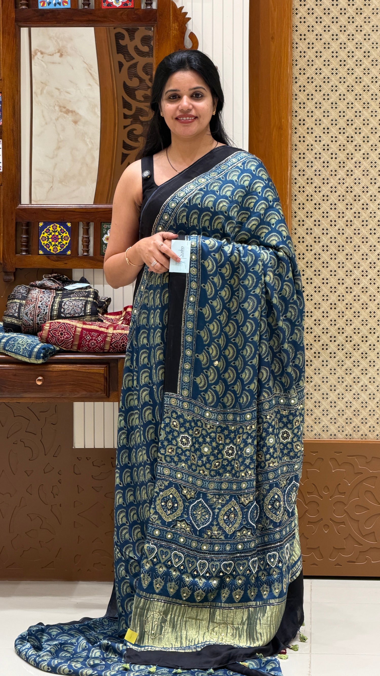SUV4475-BLUE Ajrak Handwork embroidery on Pure modal silk saree