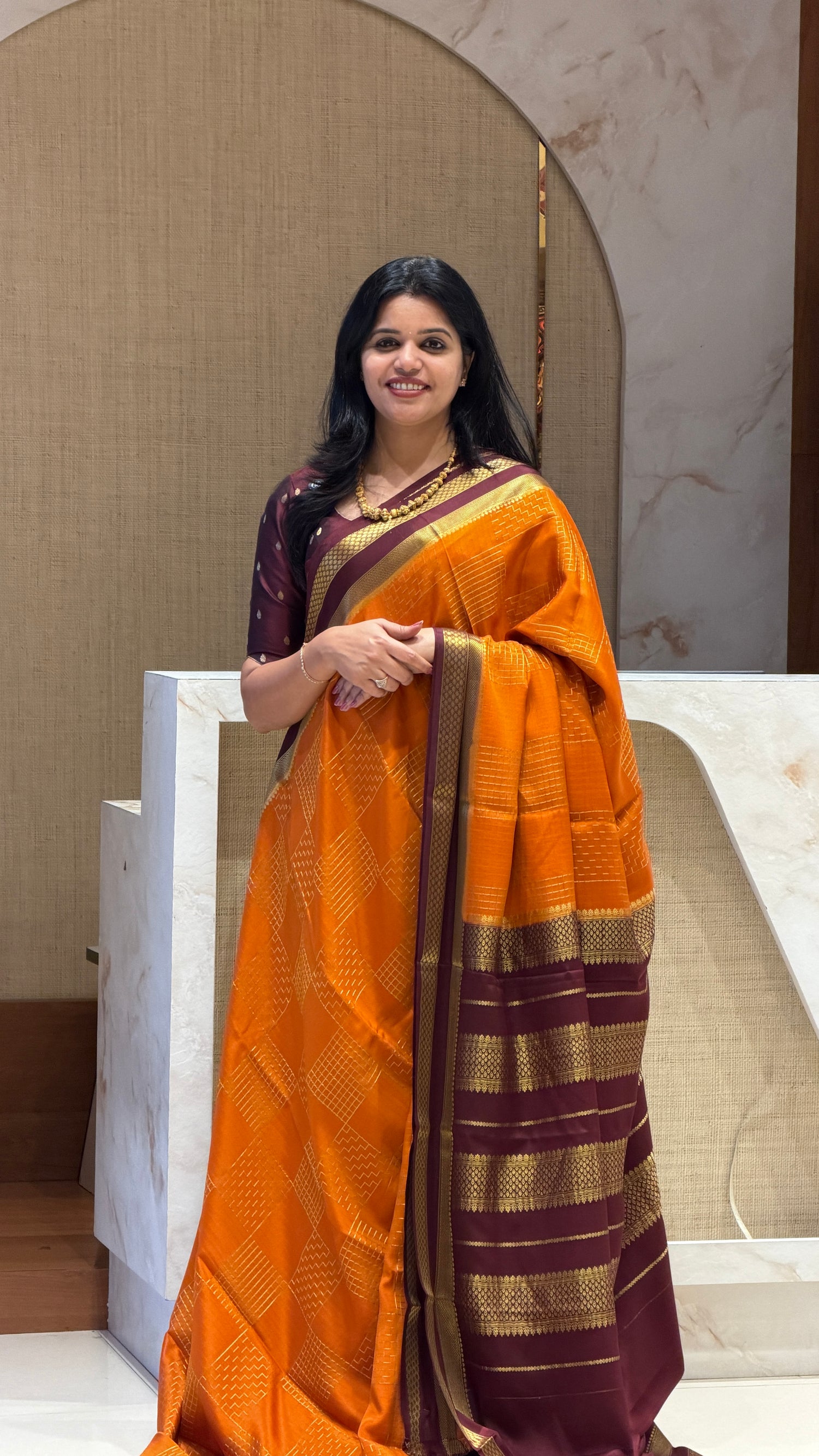 PSUV210-ORANGE WITH COFFEEBROWN PURE MYSORE CREPE