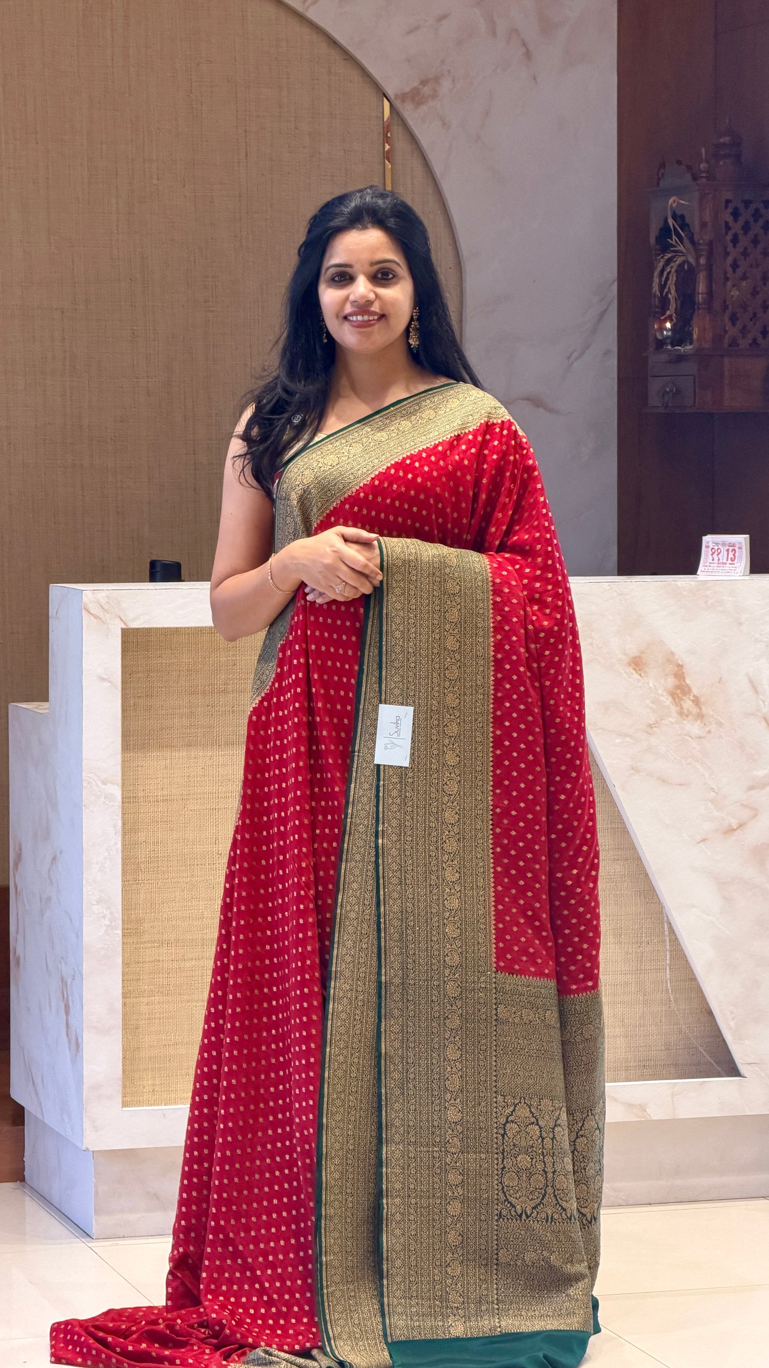 PSUV228-RED WITH BOTTLEGREEN PURE BANARASI CREPE SILK SAREE
