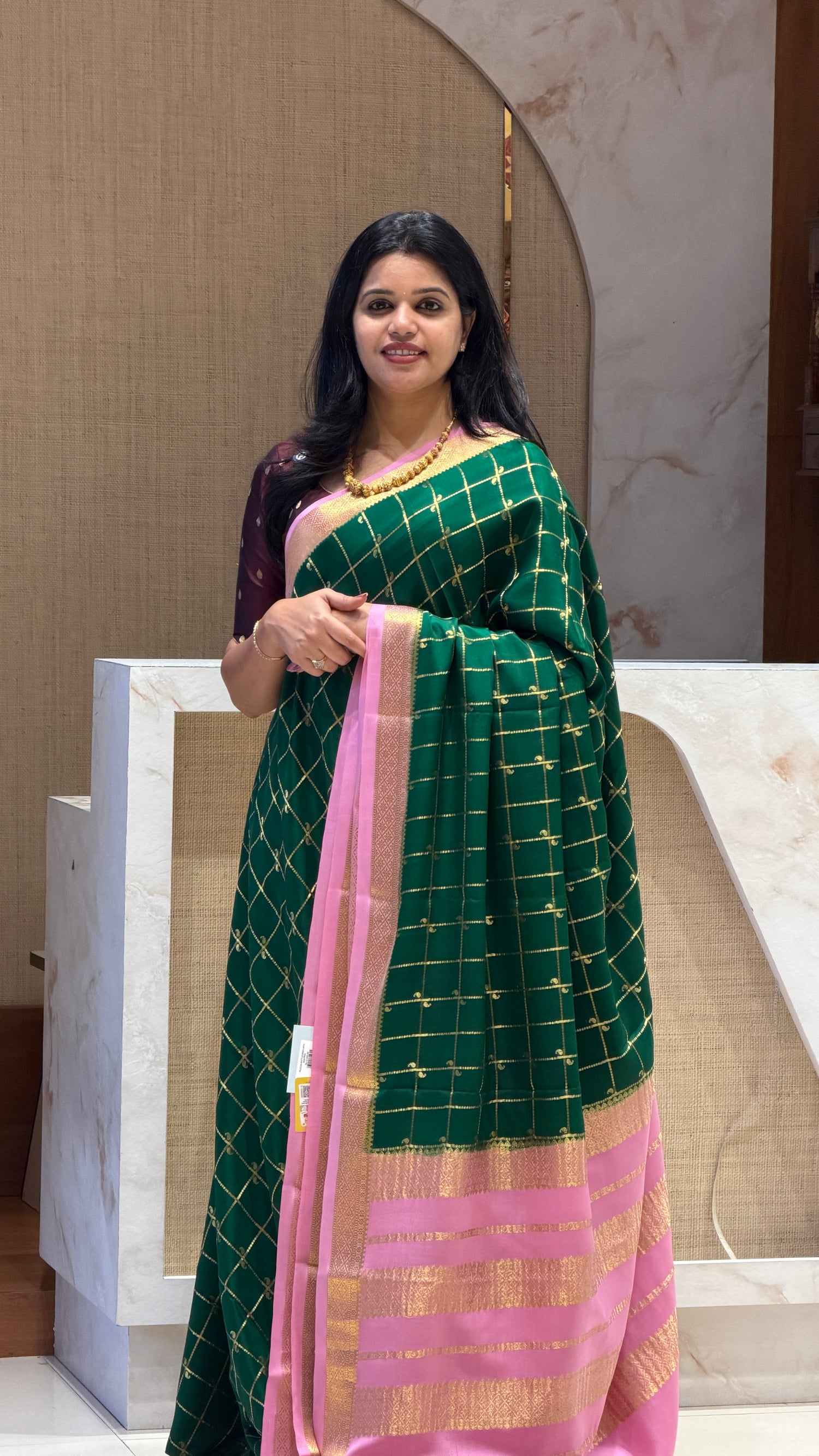 PSUV264-BOTTLEGREEN WITH BABYPINK PURE MYSORE CREPE