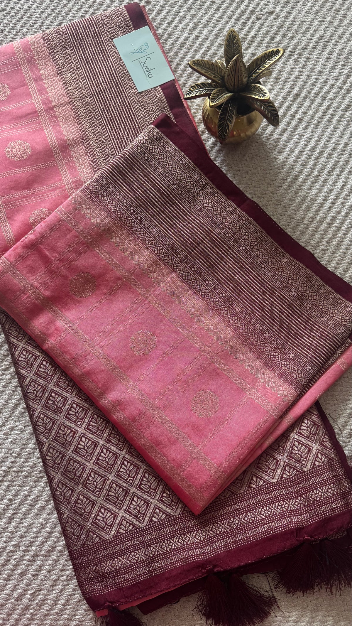 Crepe tusser silk saree SUV5893-PEACH WITH WINE