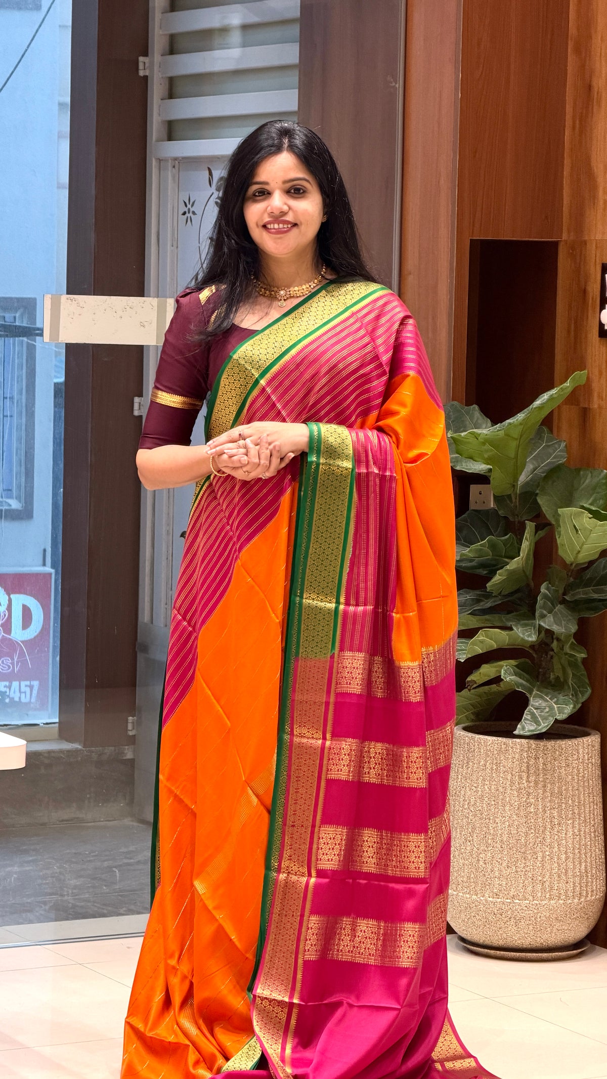 PURE MYSORE SILK SAREE PSUV24 -ORANGE WITH PINK & GREEN 3D
