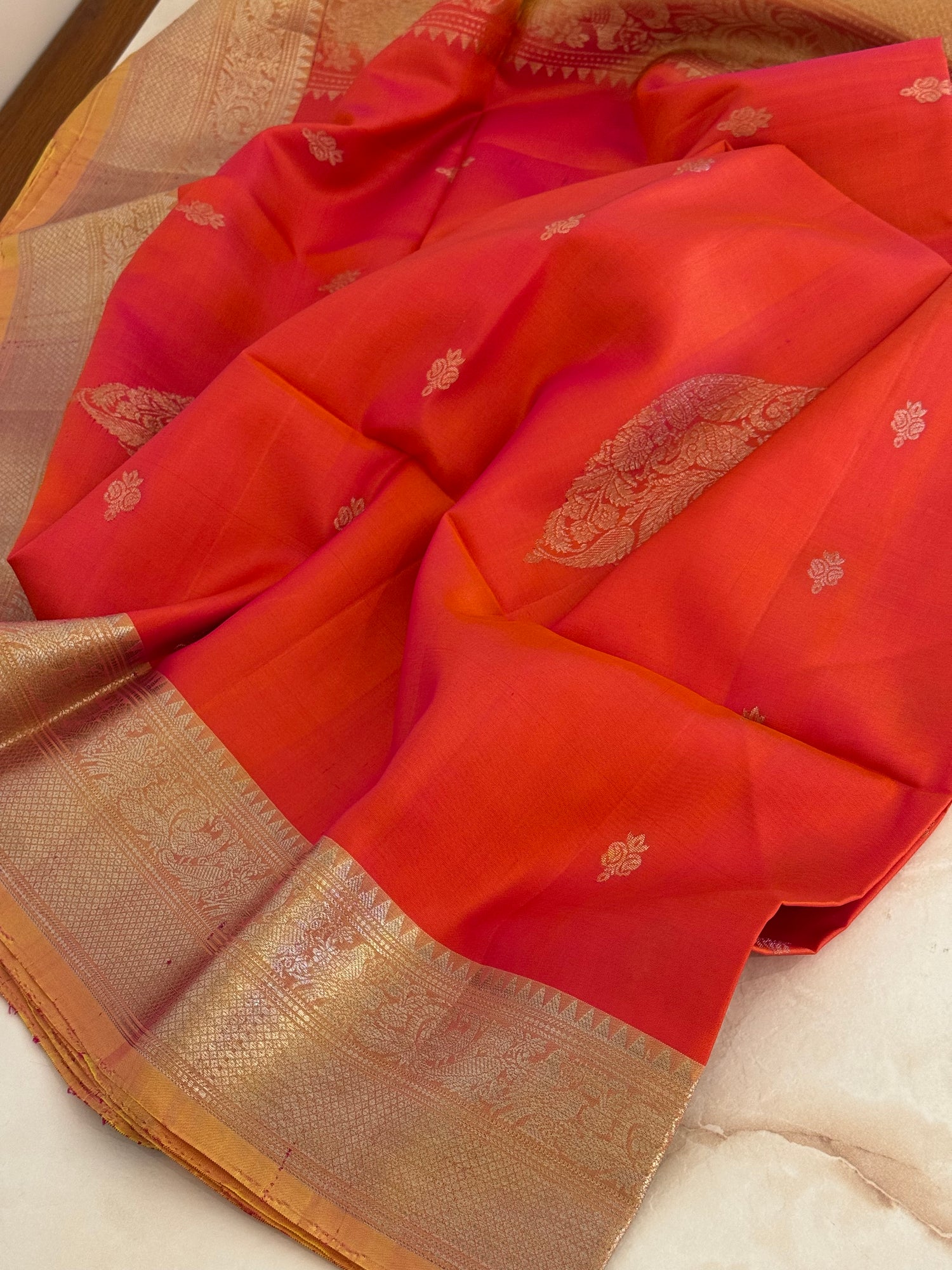 SUV3121 - ORANGE WITH YELLOW PURE SOFT SILK SAREE