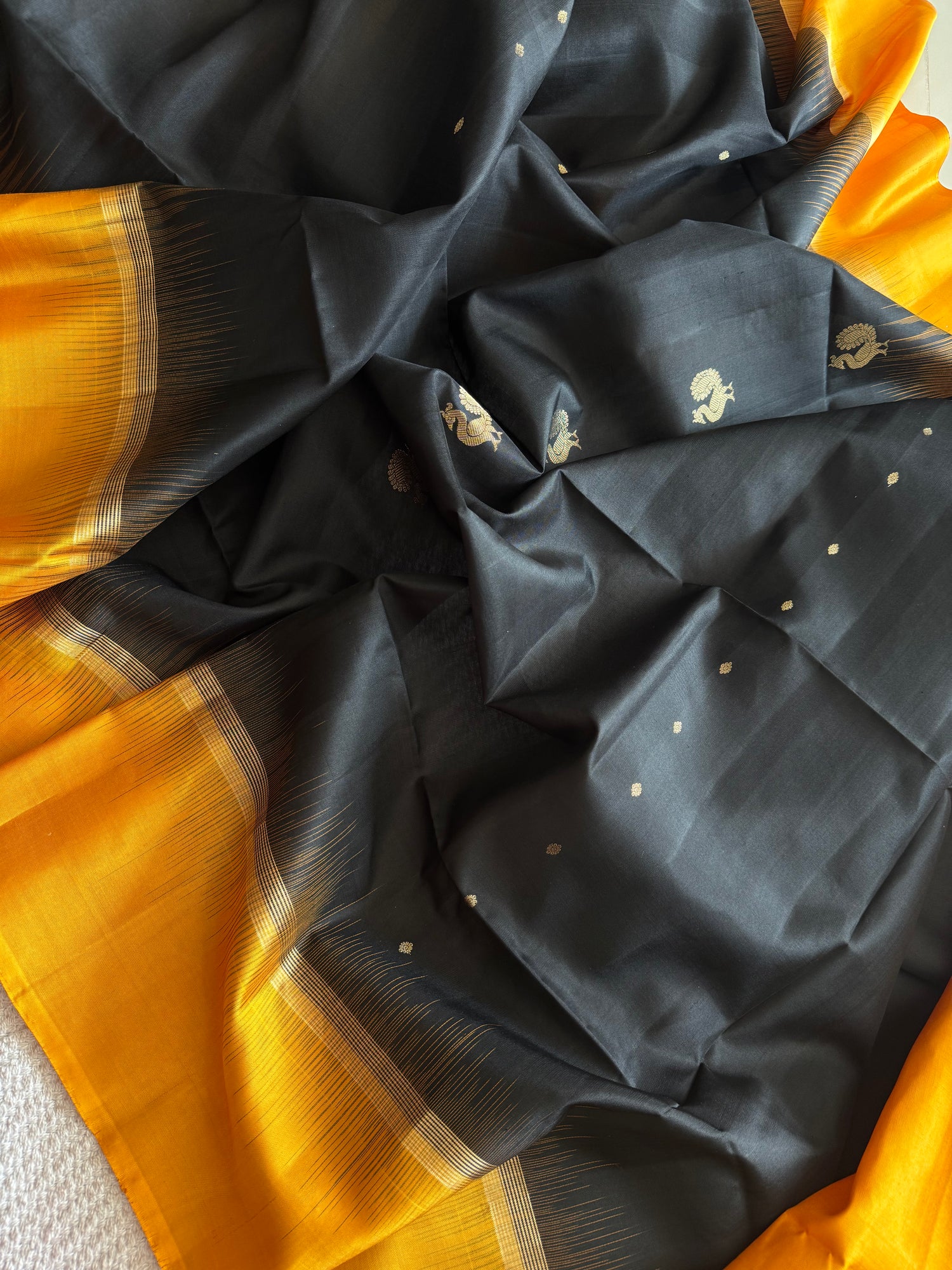 PSUV123 - BLACK WITH MUSTARD PURE SOFT SILK SAREE