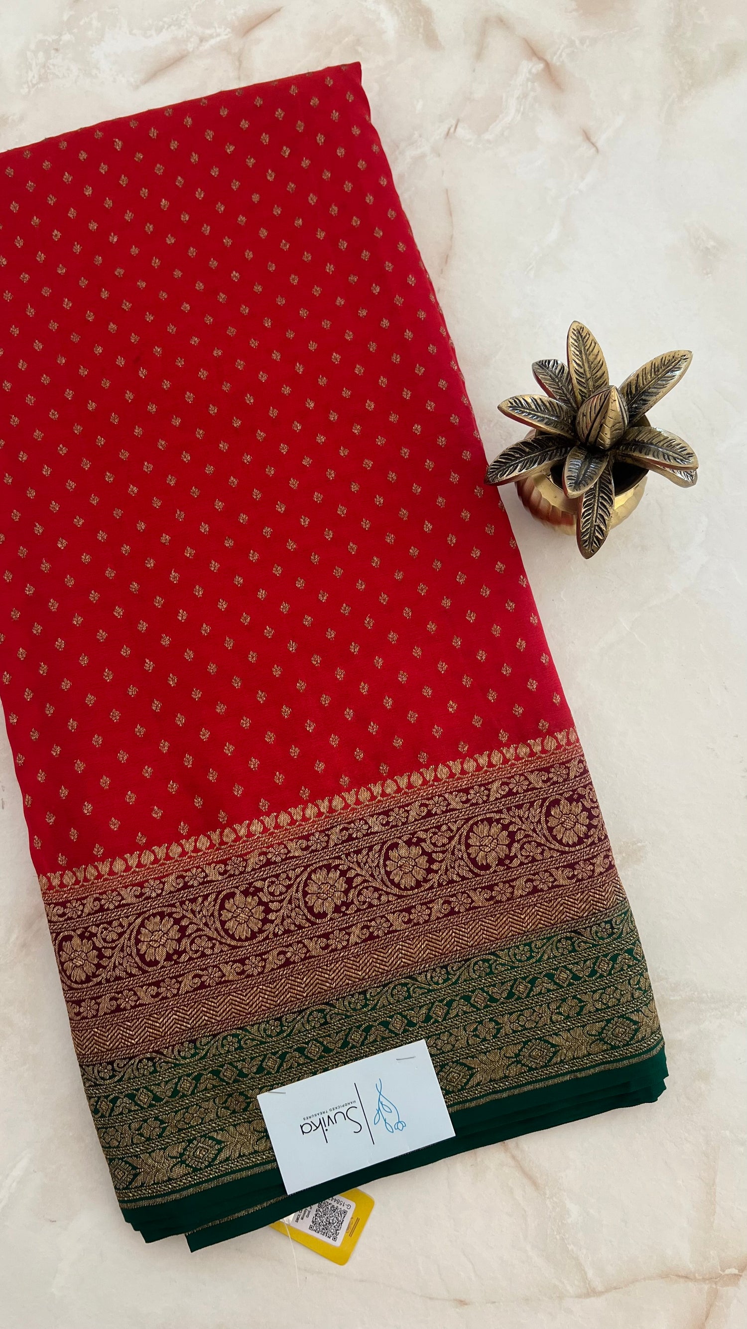 PSUV31 - RED WITH GREEN PURE CREPE SILK SAREE