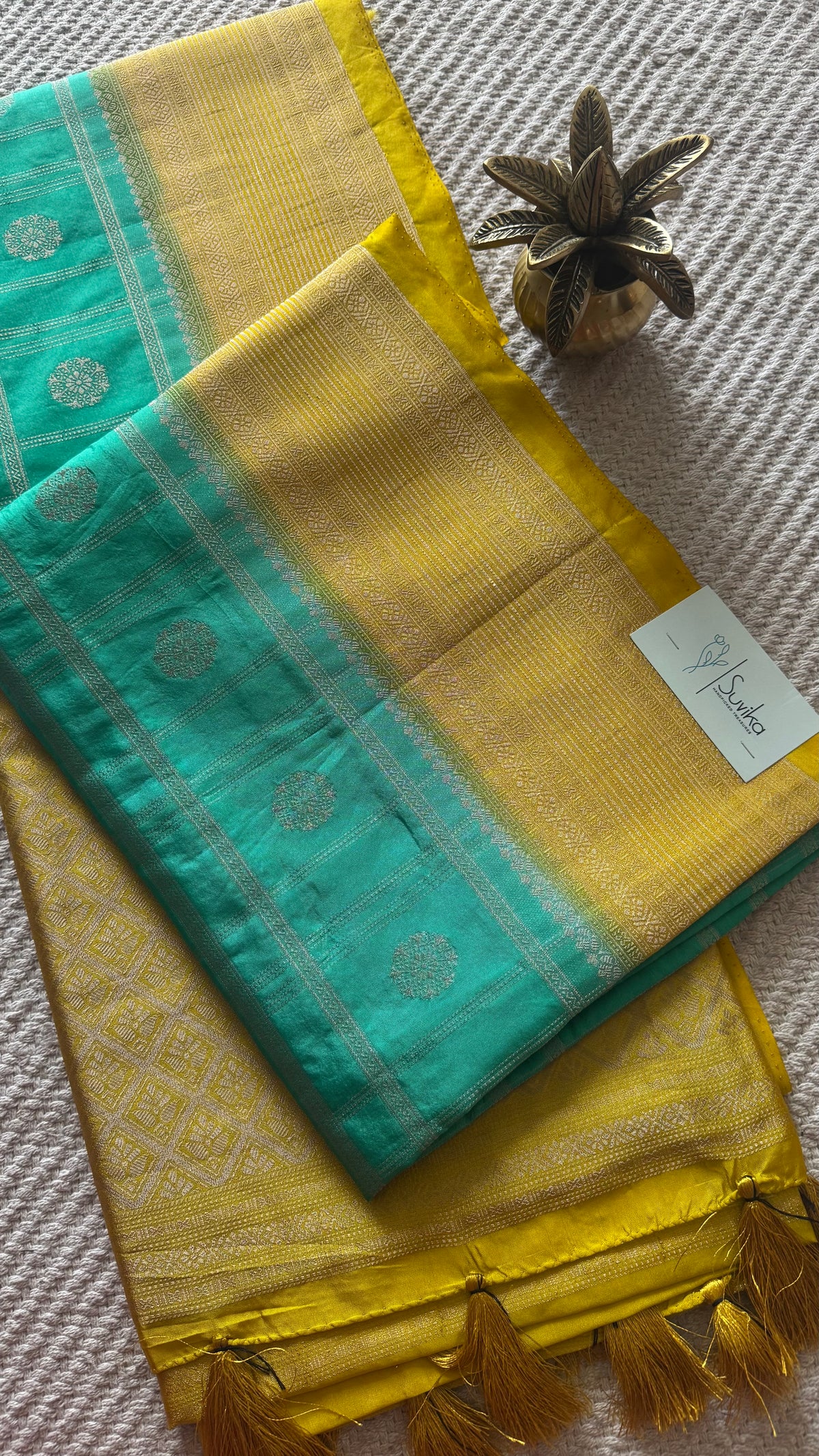 Crepe tusser silk saree SUV5893-SEAGREEN WITH YELLOW