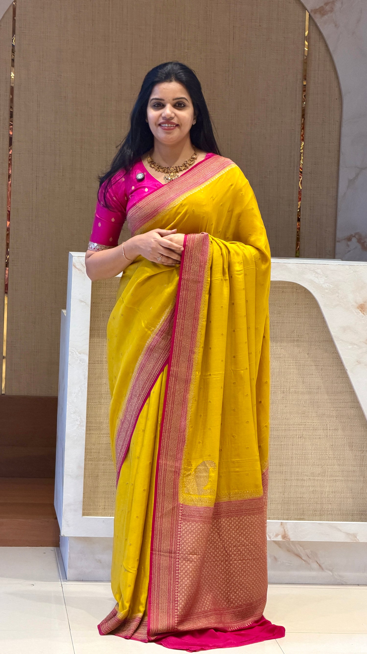 PSUV226-YELLOW WITH PINK pure banarasi crepe silk saree