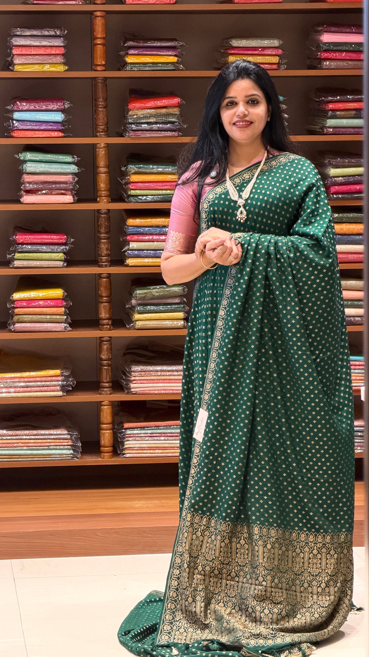 PURE BANARASI CREPE SAREE PSGM484-BOTTLEGREEN