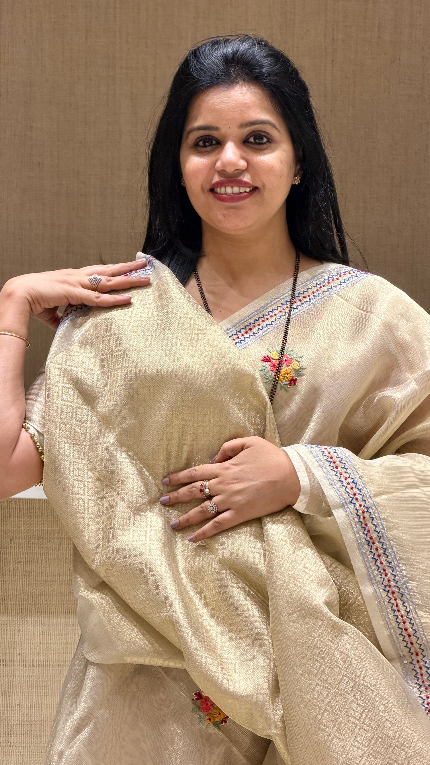 SUV3834-CHICKU WITH BLUE Designer tissue saree