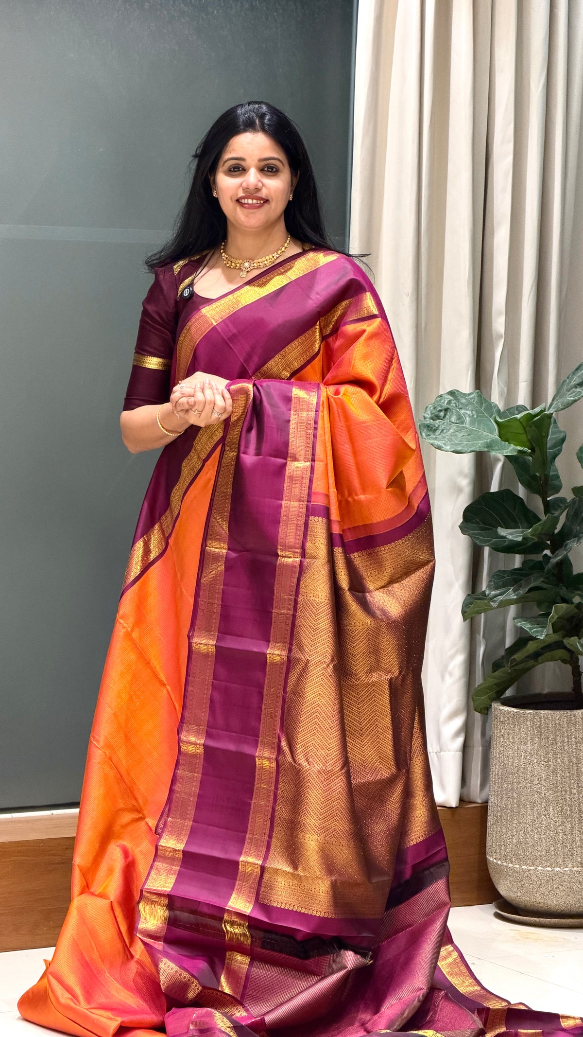 PURE KANJIVARAM SILK PSM15-ORANGE WITH WINE