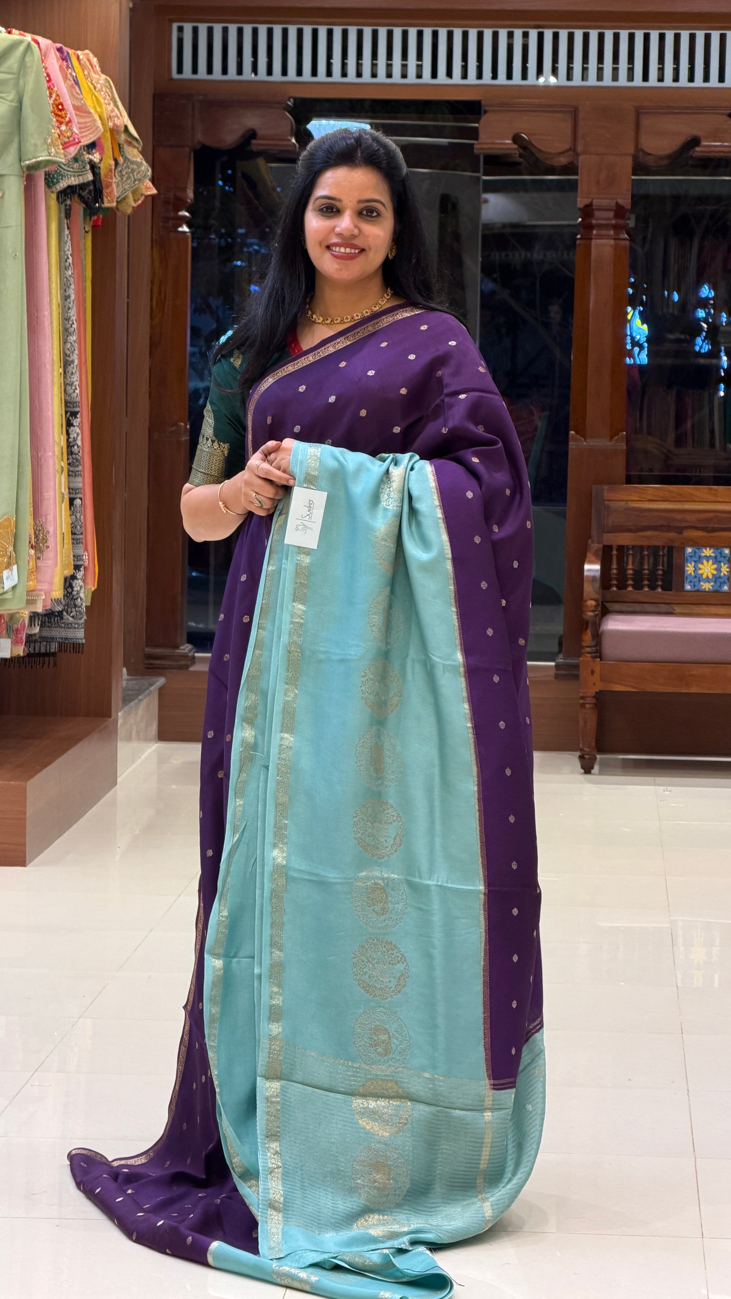 CREPE SILK SAREE SUV5389-PURPLE WITH SEAGREEN