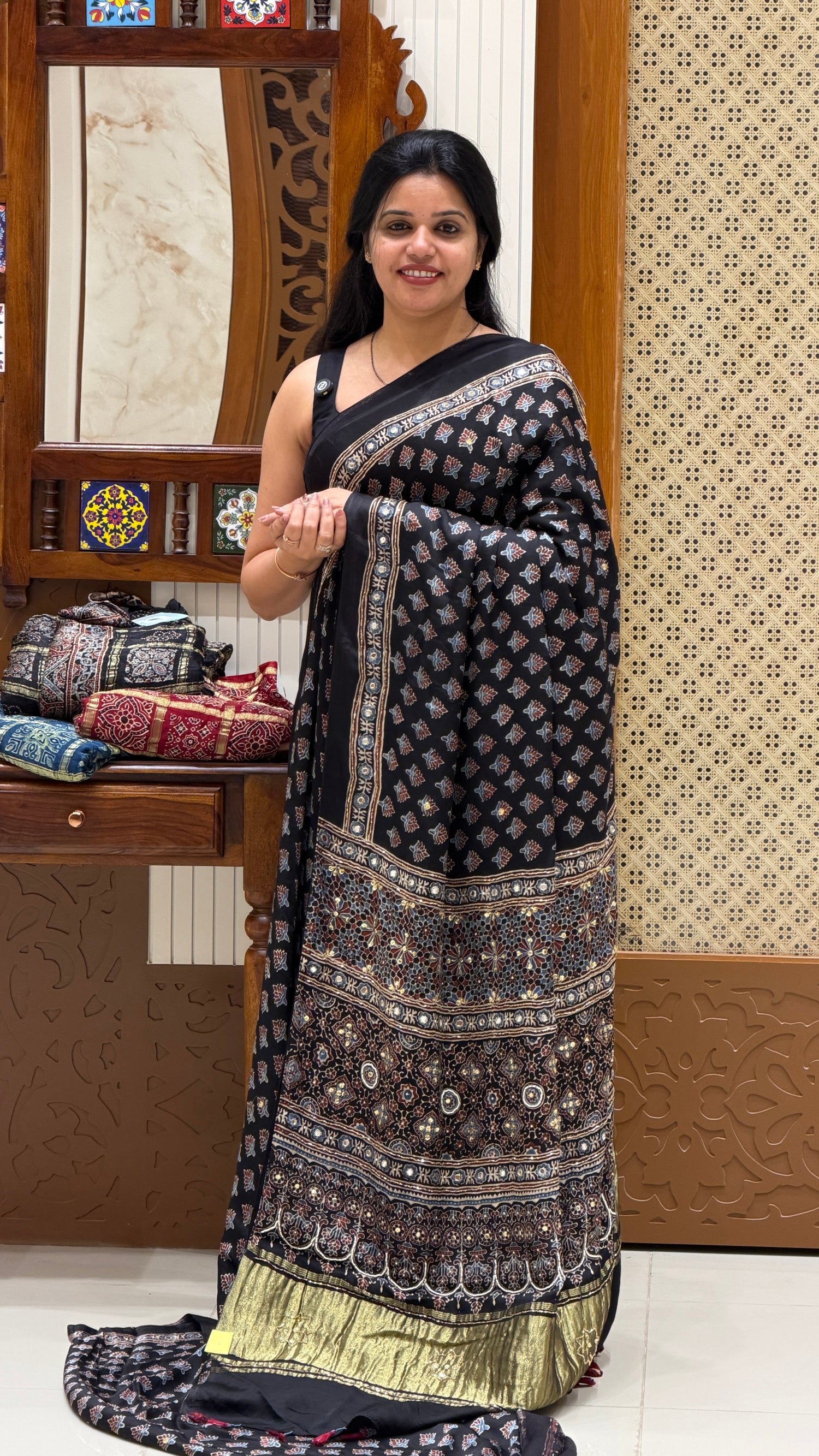 SUV4473-BLACK  (AJRAK HAND WORK SAREE) Pure modal silk