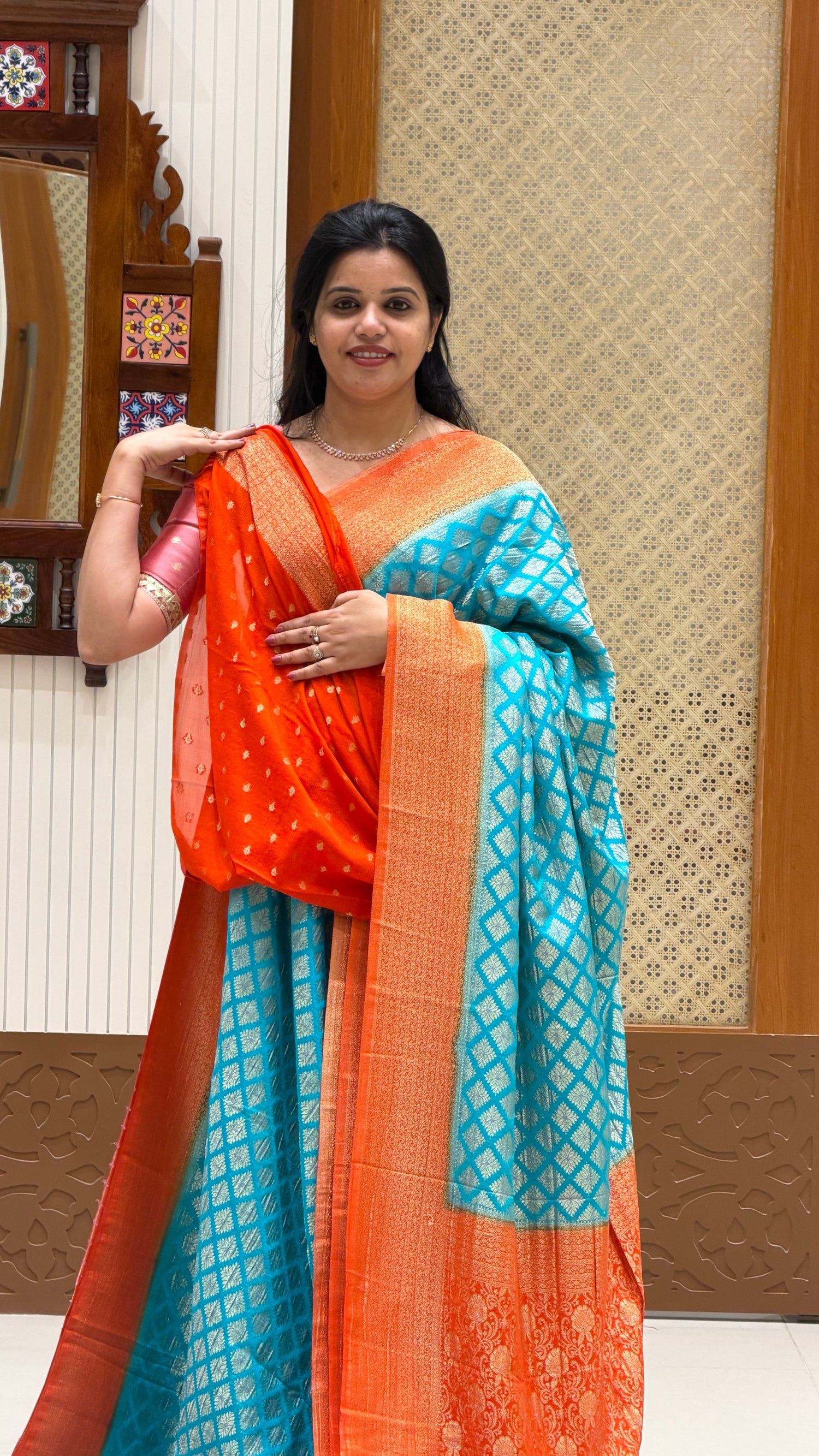 SUV4372-BLUE WITH ORANGE Banarasi Georgette