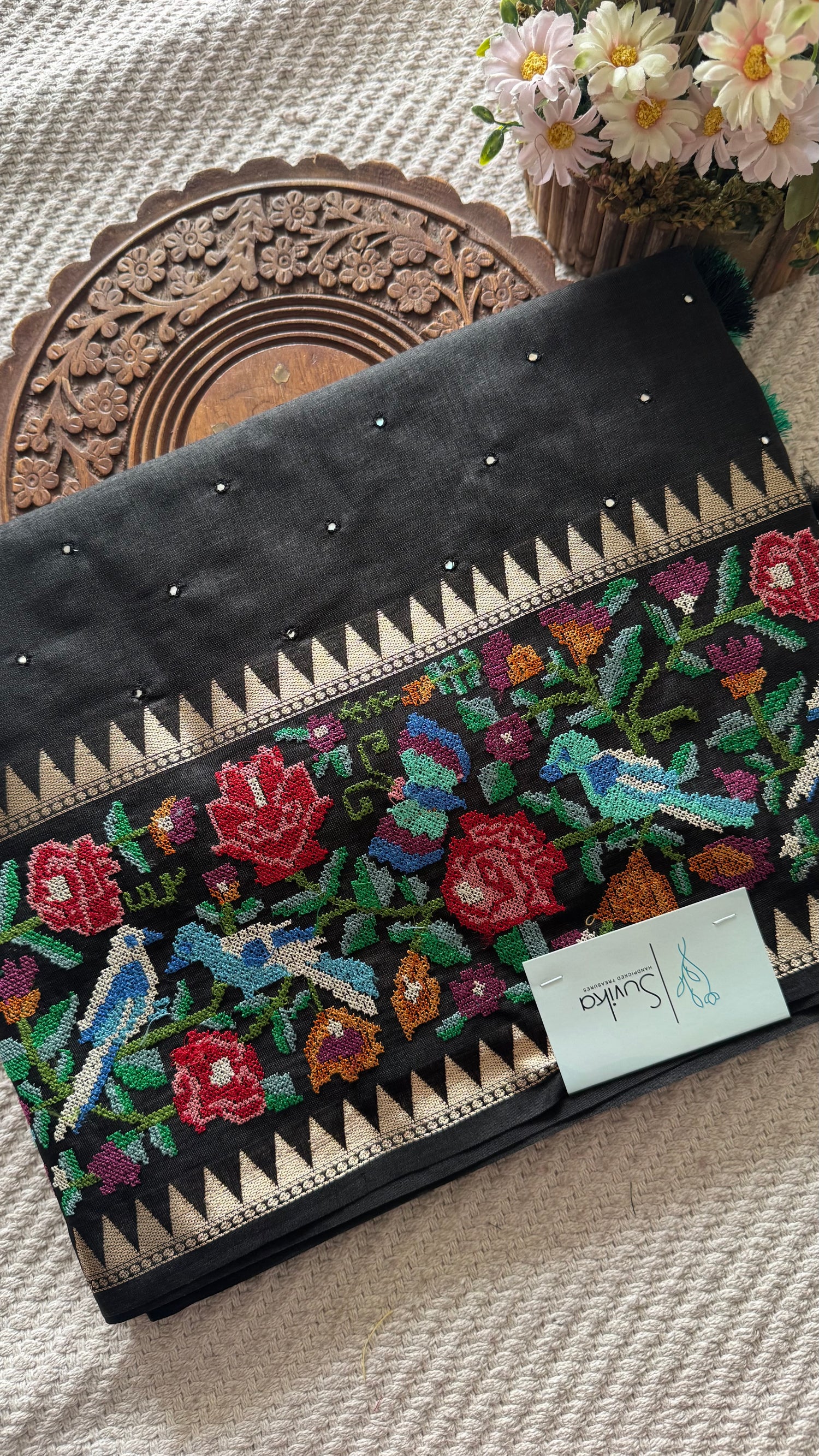 TUSSER CREPE SAREE SUV5420-BLACK