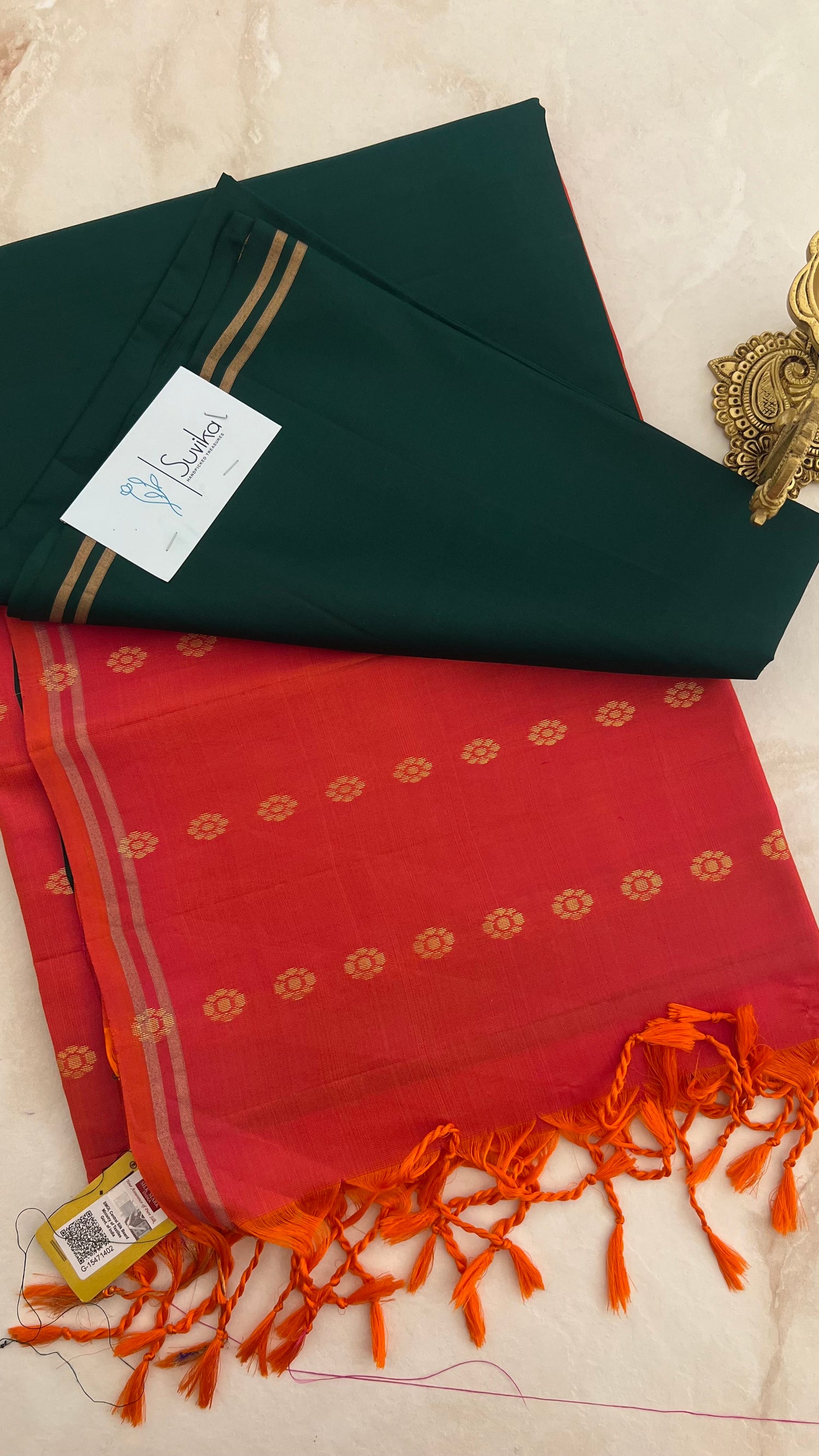 PSUV125 - BGREEN WITH ORANGE PURE SOFT SILK SAREE