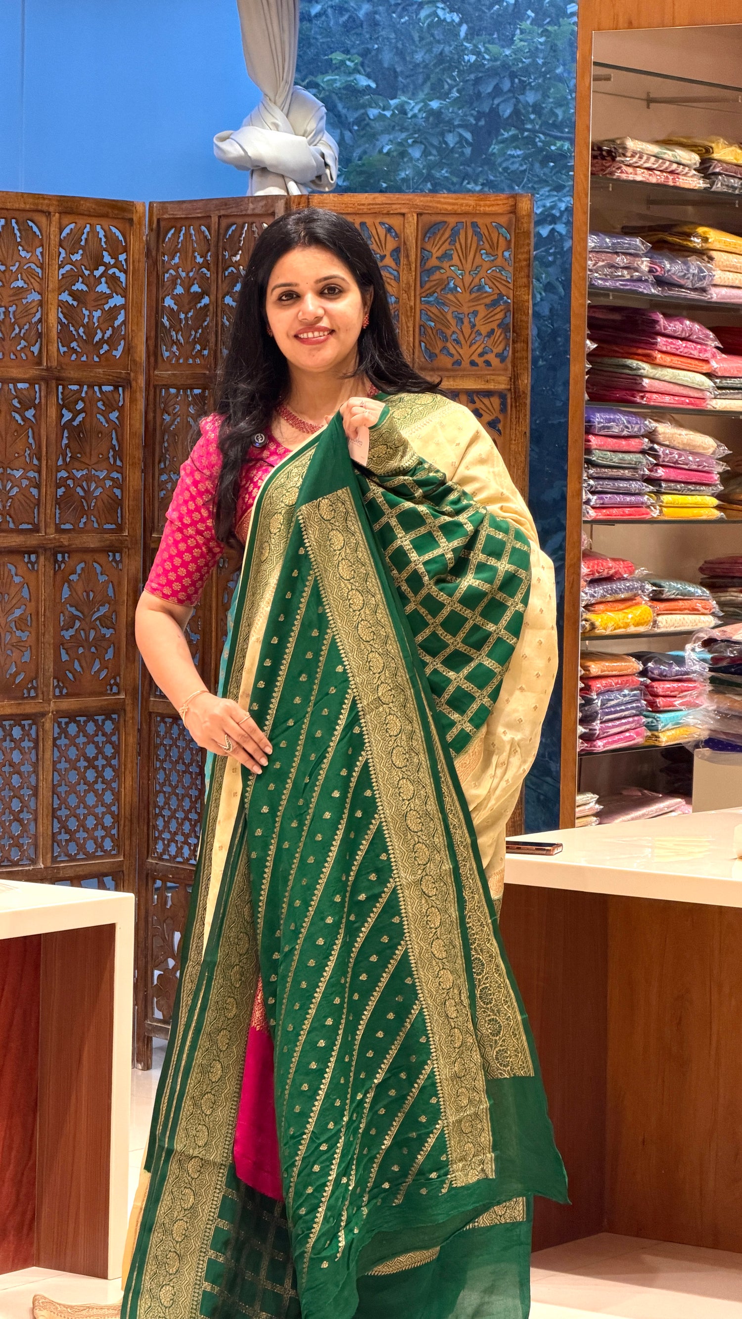 PURE BANARASI CREPE PSJV313-BOTTLEGREEN