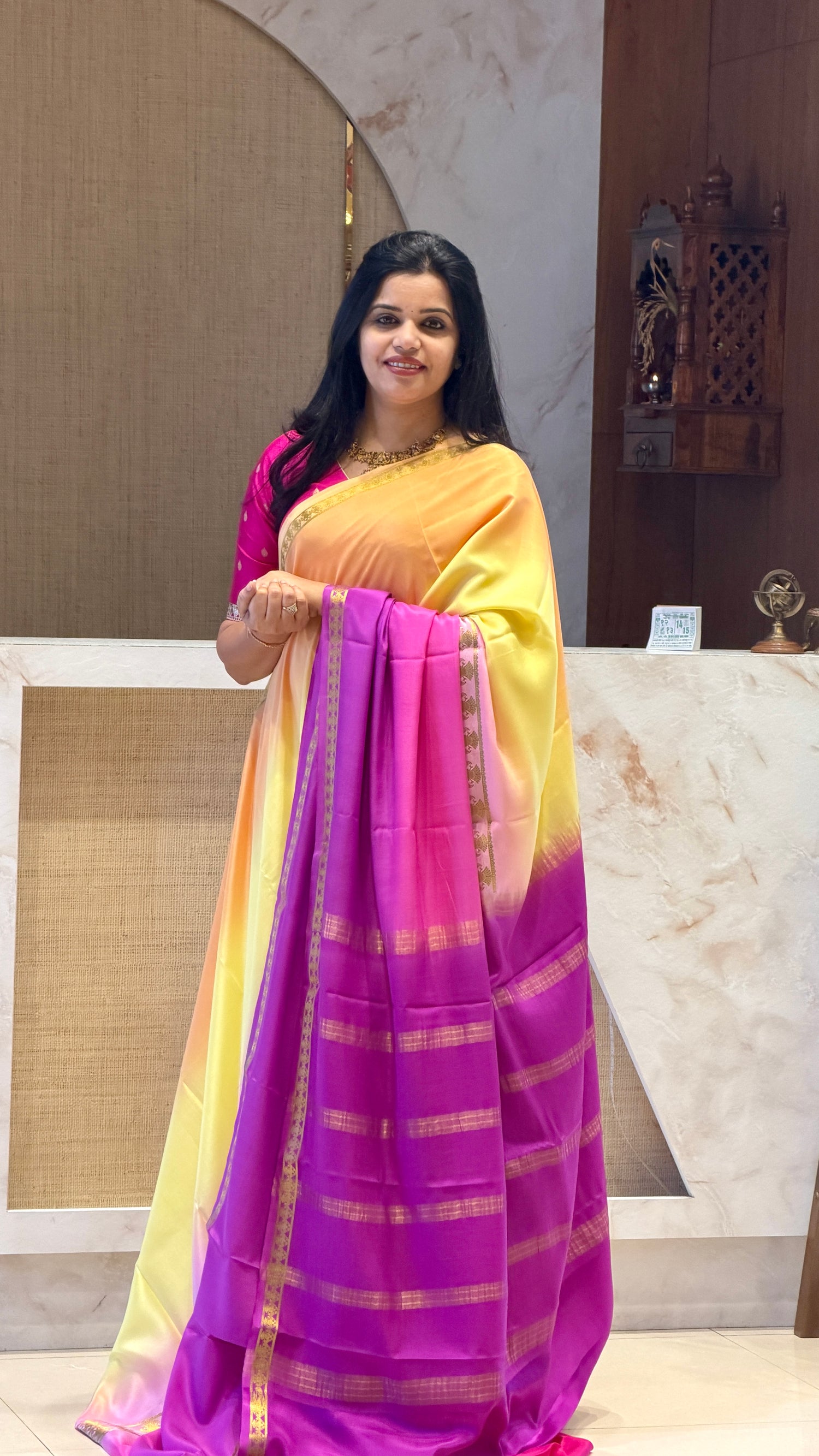 PSUV275-YELLOW WITH MAGENTA PURE MYSORE SILK SAREE