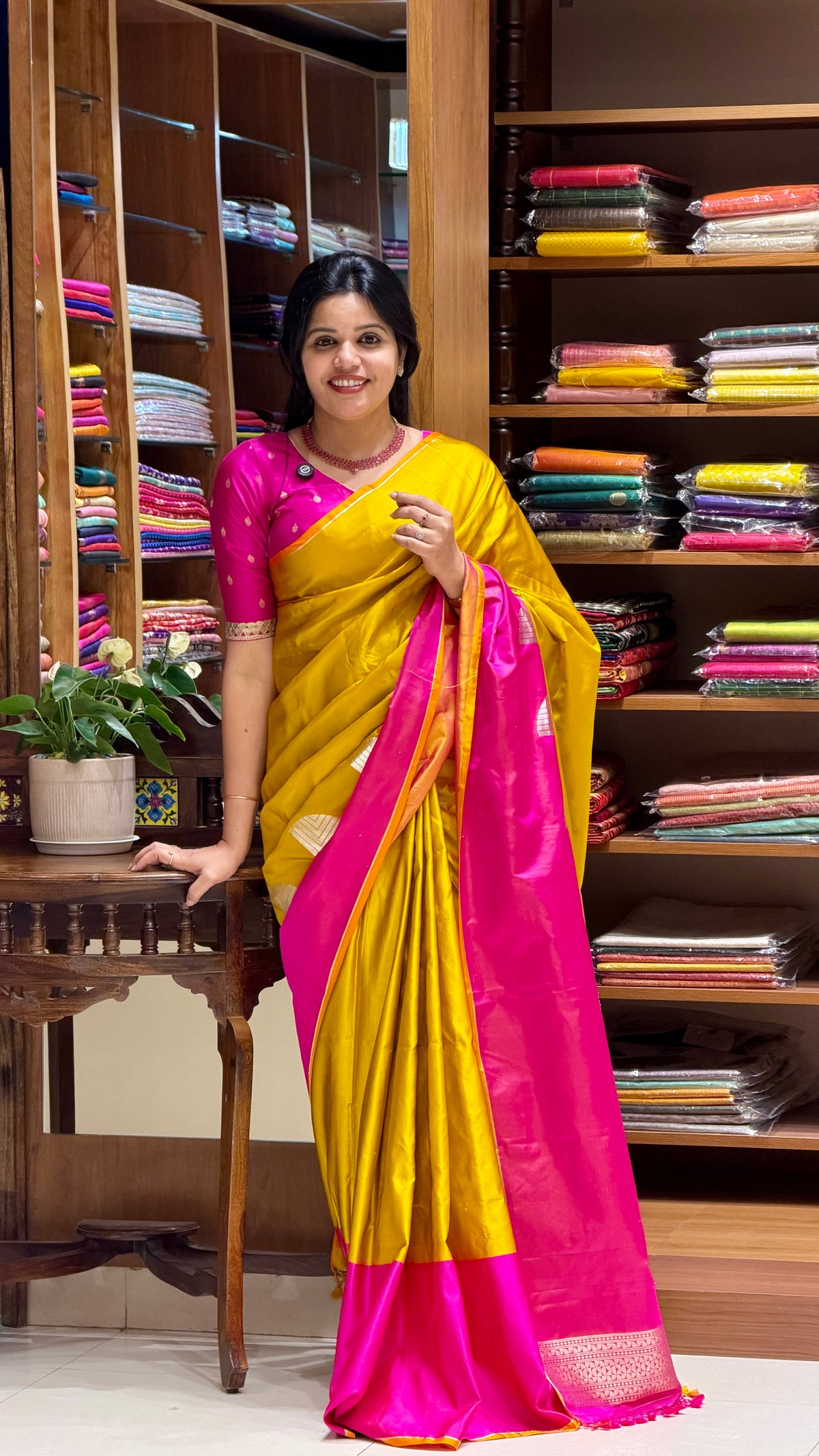 PURE MASHROO SATIN SILK PSJV357-YELLOW WITH PINK